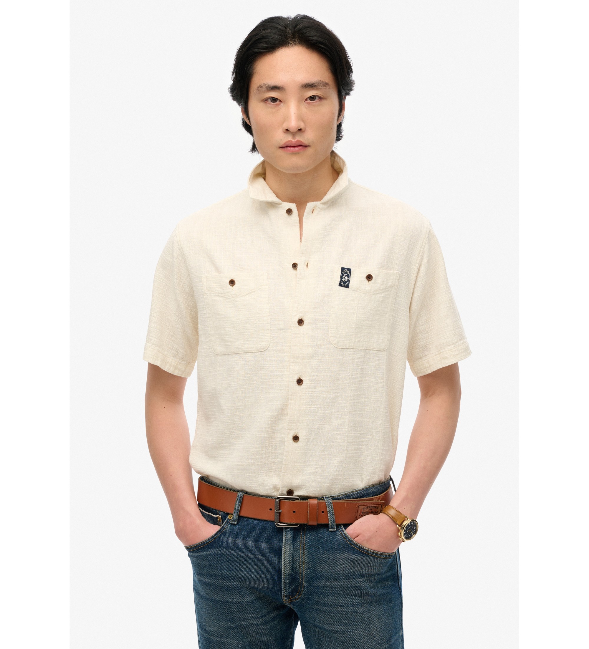 Superdry für Herren. M4010986A Merchant Store strukturiertes Kurzarmhemd in Off-White (M), Weiß, Lässig, Baumwolle