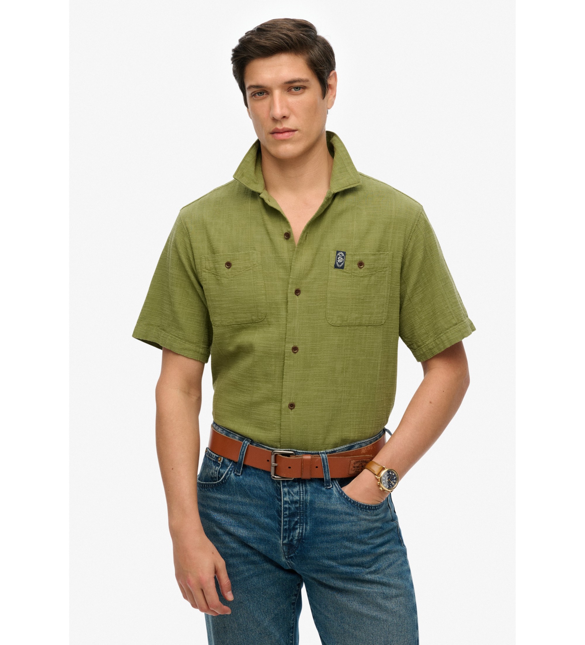 Superdry für Herren. M4010986A Texturiertes Kurzarmhemd Merchant Store grün (M), Lässig, Baumwolle
