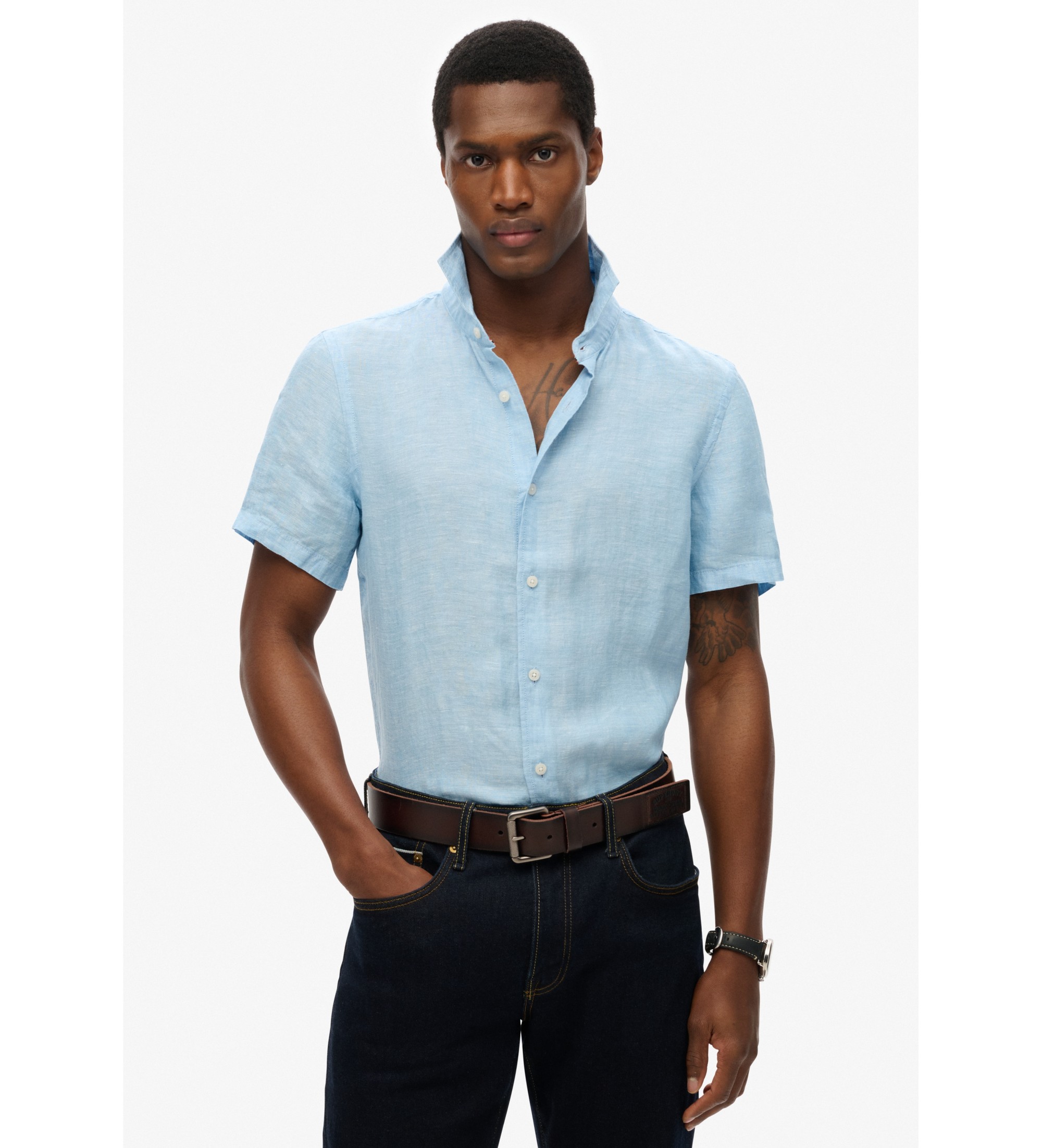 Superdry für Herren. M4010937A Kurzärmeliges Leinenhemd Vacation blau (S), Lässig, Kurzarm