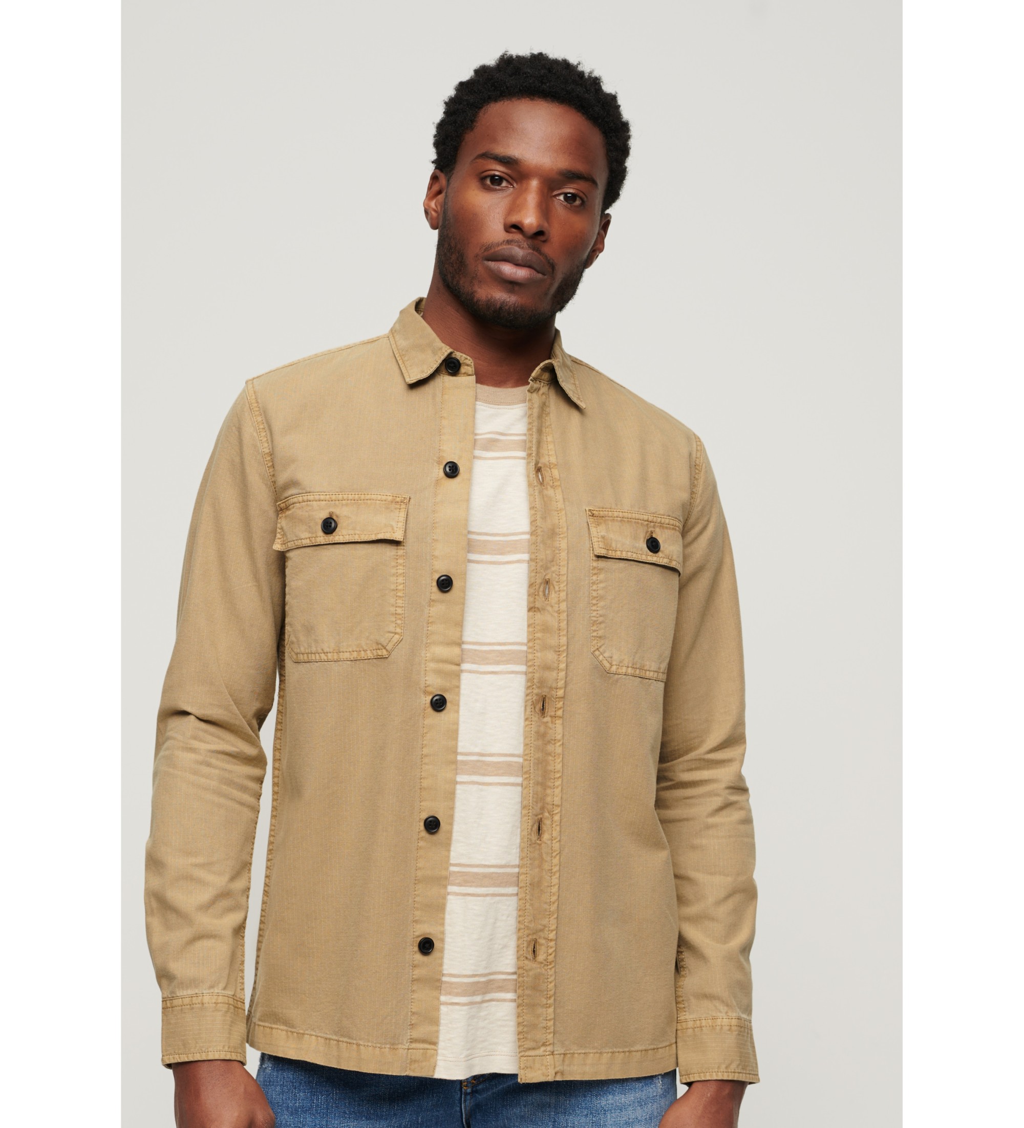 Superdry für Herren. M4010799A Braunes militärisches Langarmhemd (XL), Lässig, Baumwolle