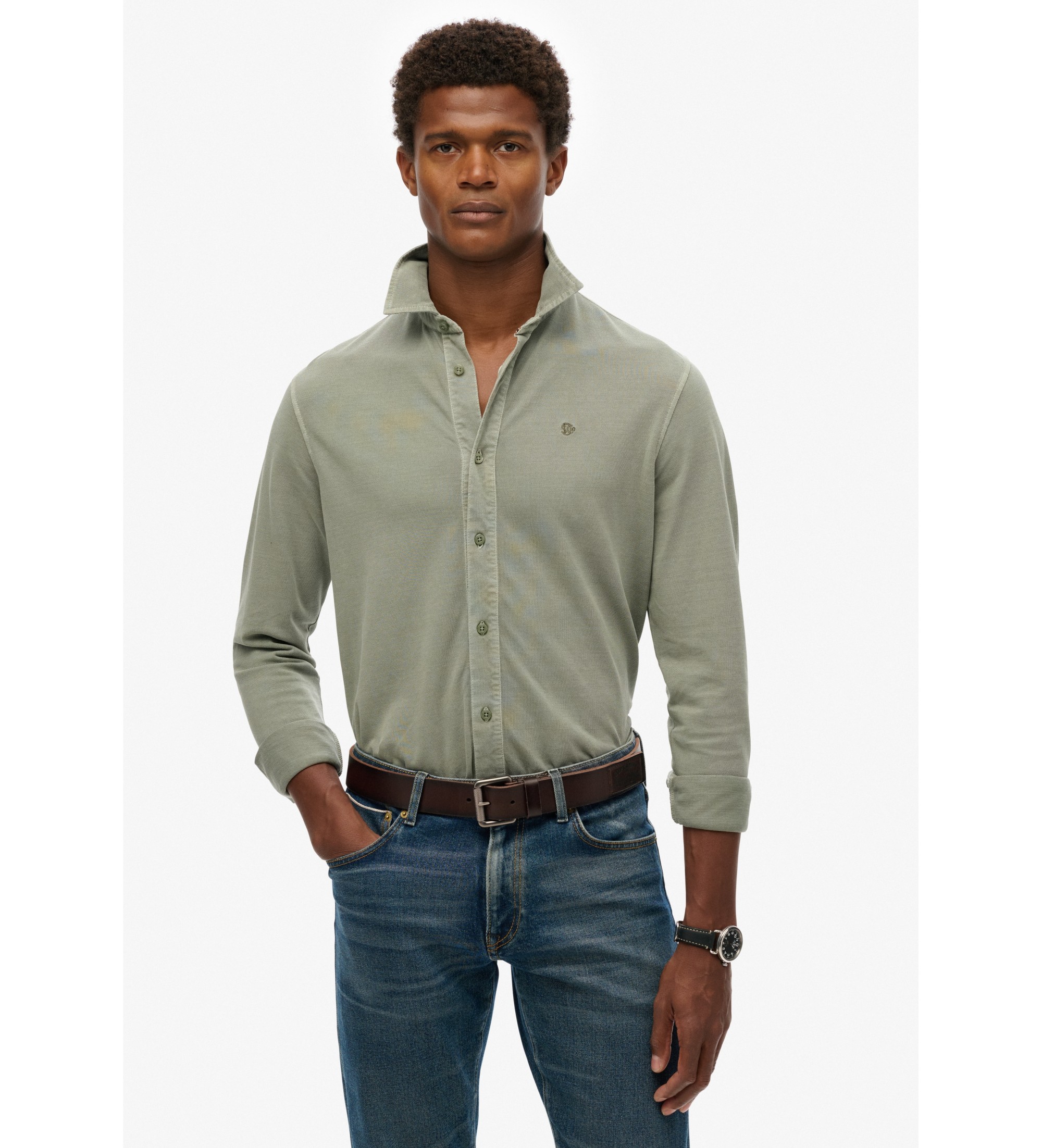 Superdry für Herren. M4011000A Vintage getragenes grünes Hemd (S), Lässig, Baumwolle, Langarm