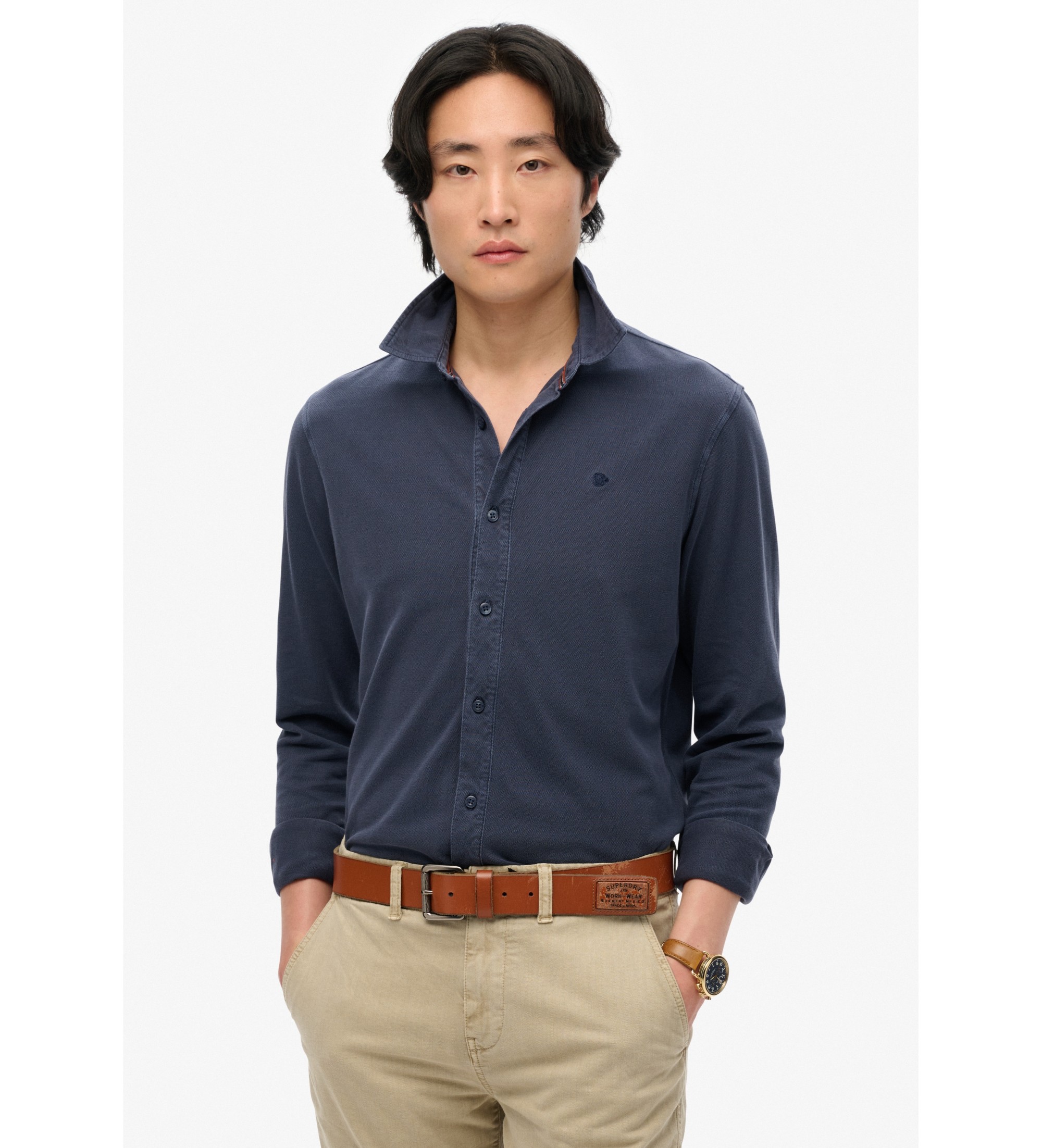 Superdry für Herren. M4011000A Vintage getragenes marineblaues Piqué-Hemd (L), Lässig, Baumwolle, Langarm