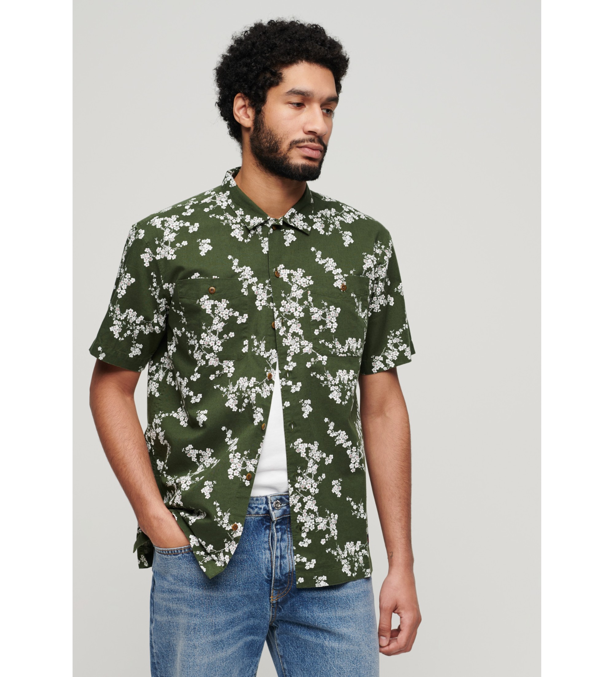 Superdryvoor mannen. M4010793A Groen strandshirt met korte mouwen (XL), Casual, Katoen