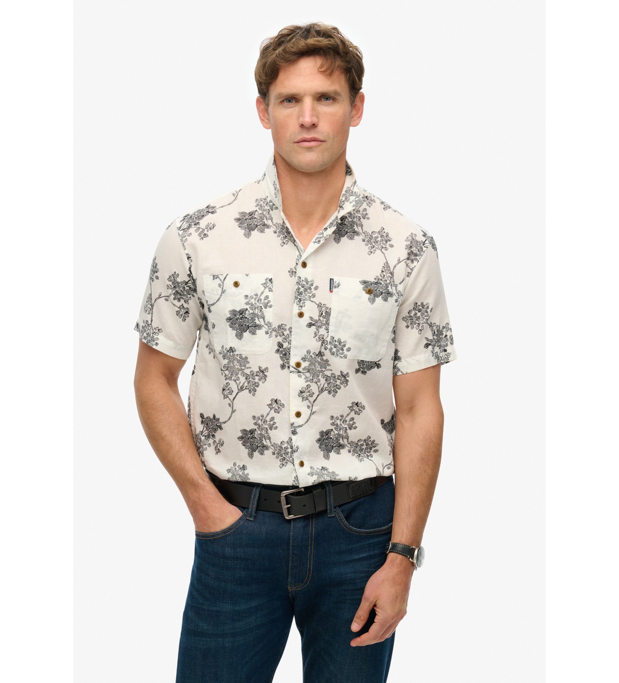 Superdry für Herren. M4010793A Weißes kurzärmeliges Strandhemd (M), Lässig, Baumwolle, Kurzarm