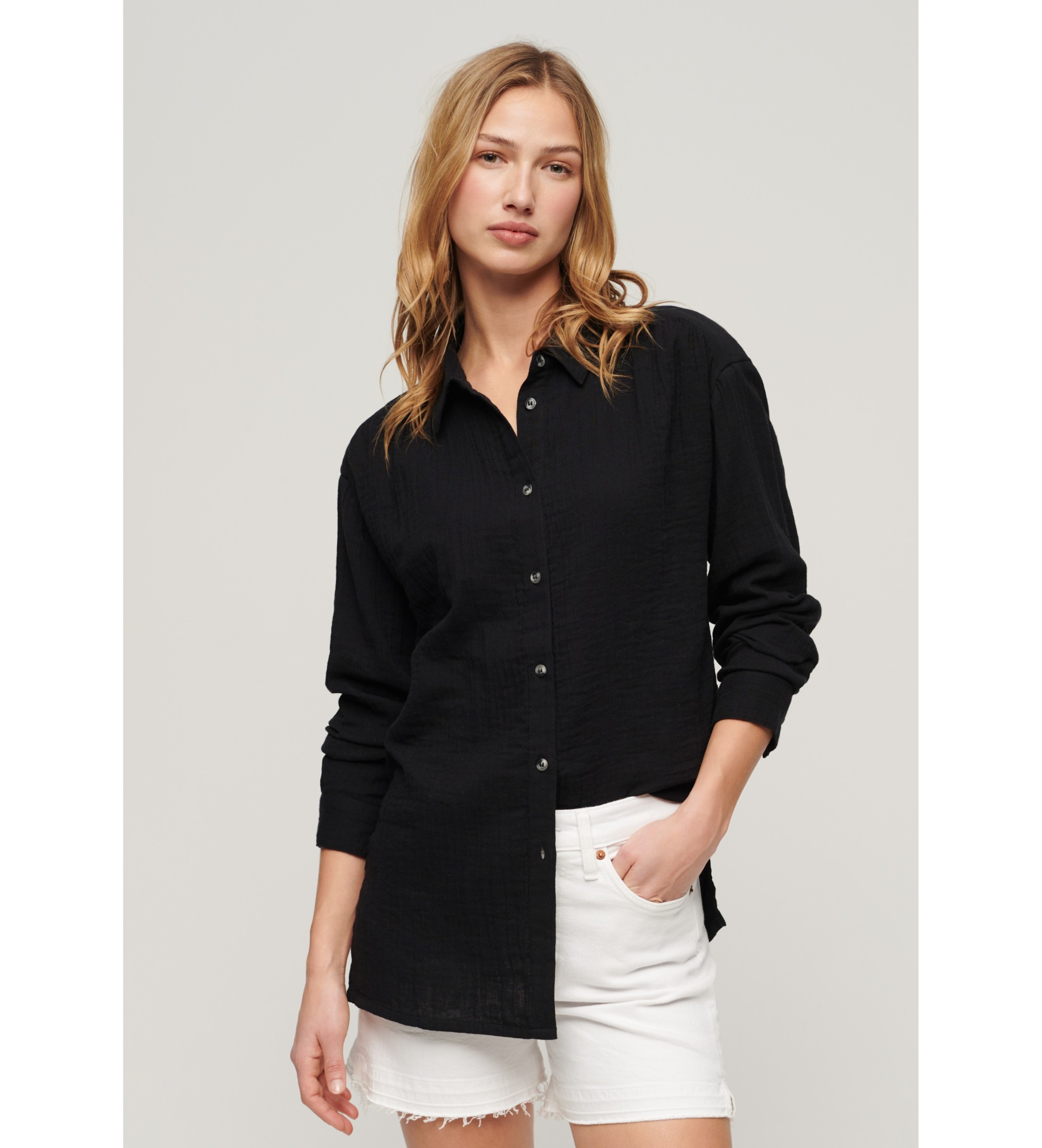 Superdry für Damen. W4010422A Langes schwarzes Strandhemd (XS), Lässig, Baumwolle, Langarm