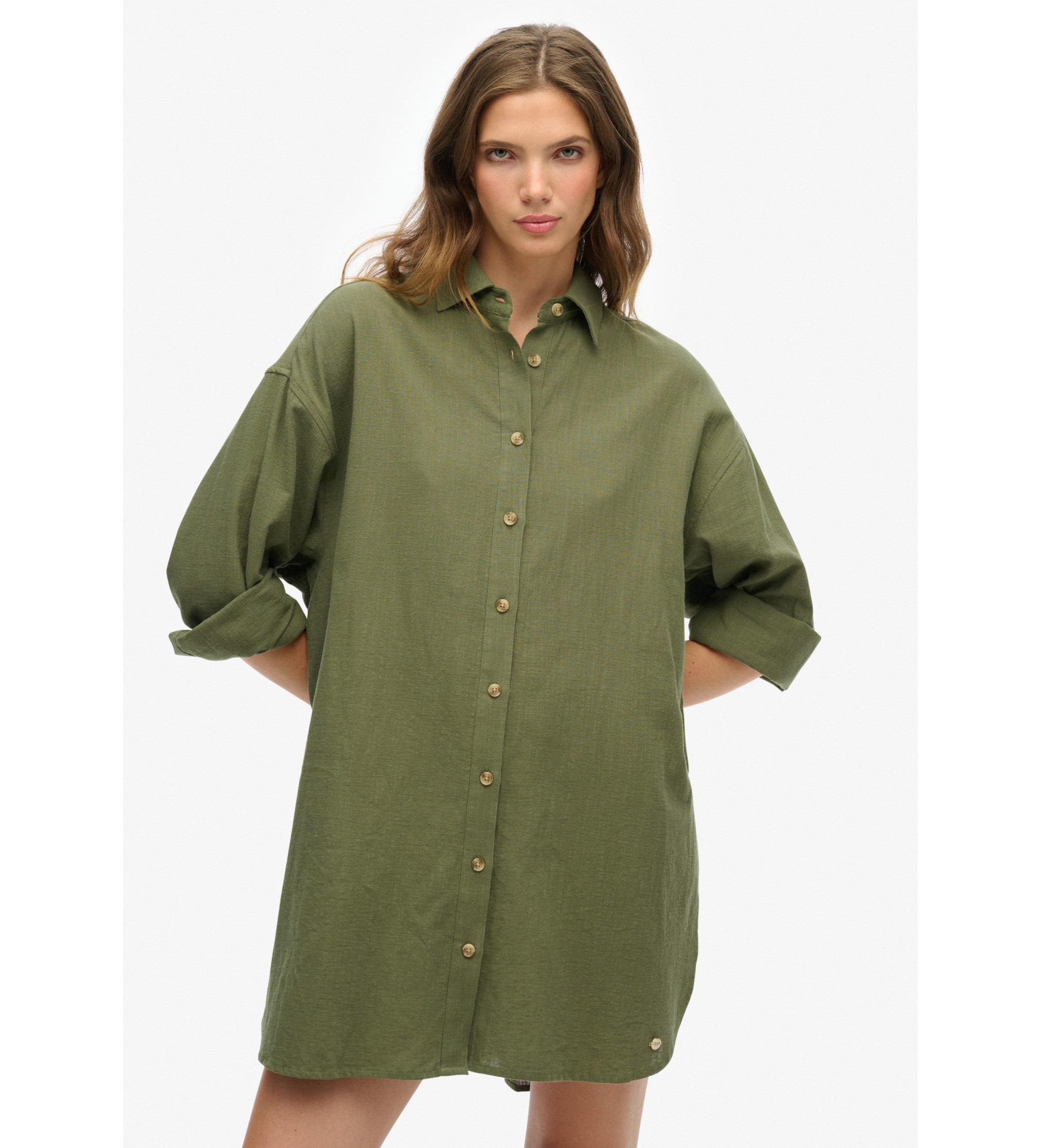 Superdry für Damen. W4010470A Ibiza langes Strandhemd grün (XS), Lässig, Baumwolle, Langarm