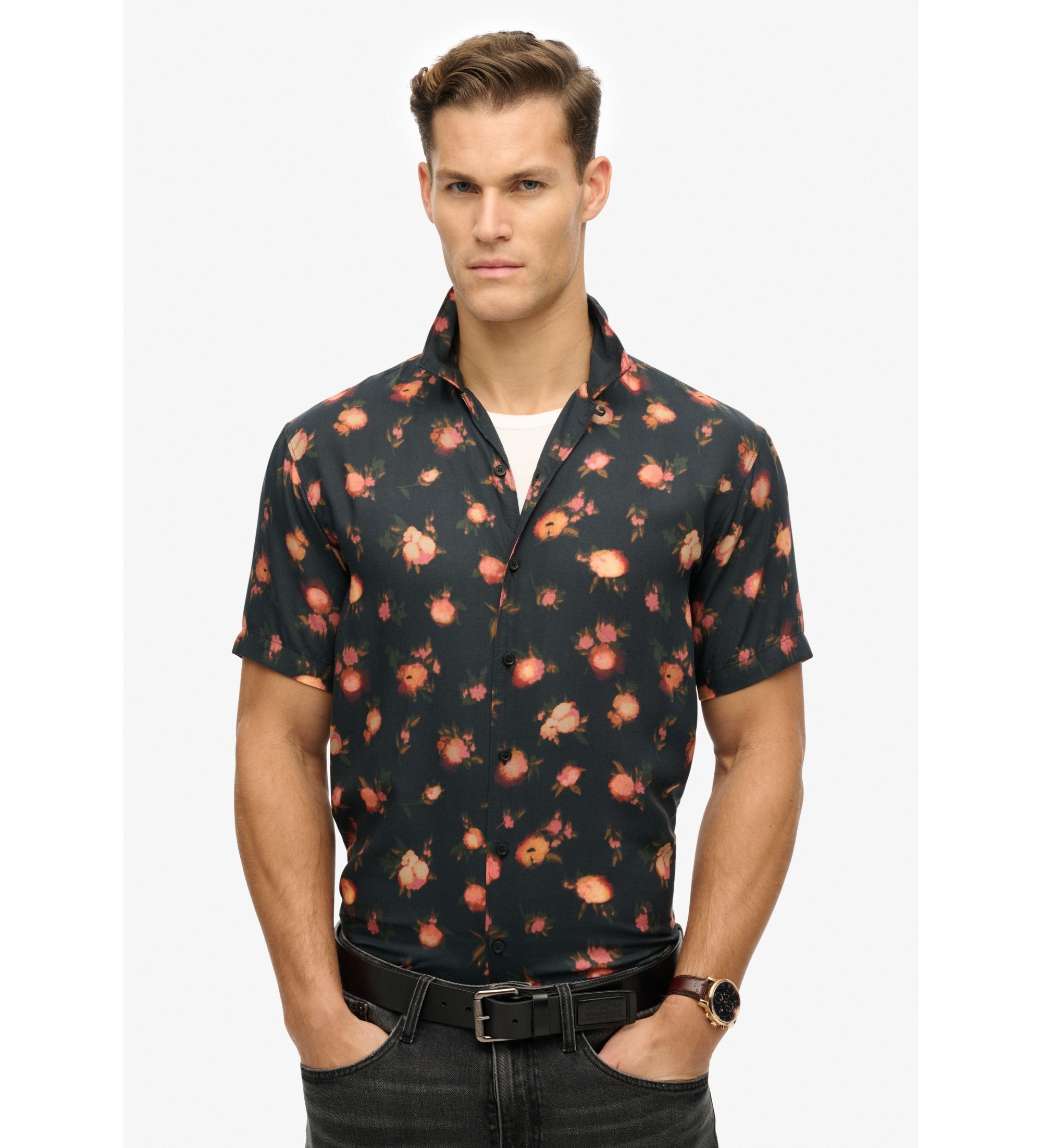 Superdry für Herren. M4010941A Bedrucktes Kurzarmhemd schwarz (XXL), Lässig, Modal