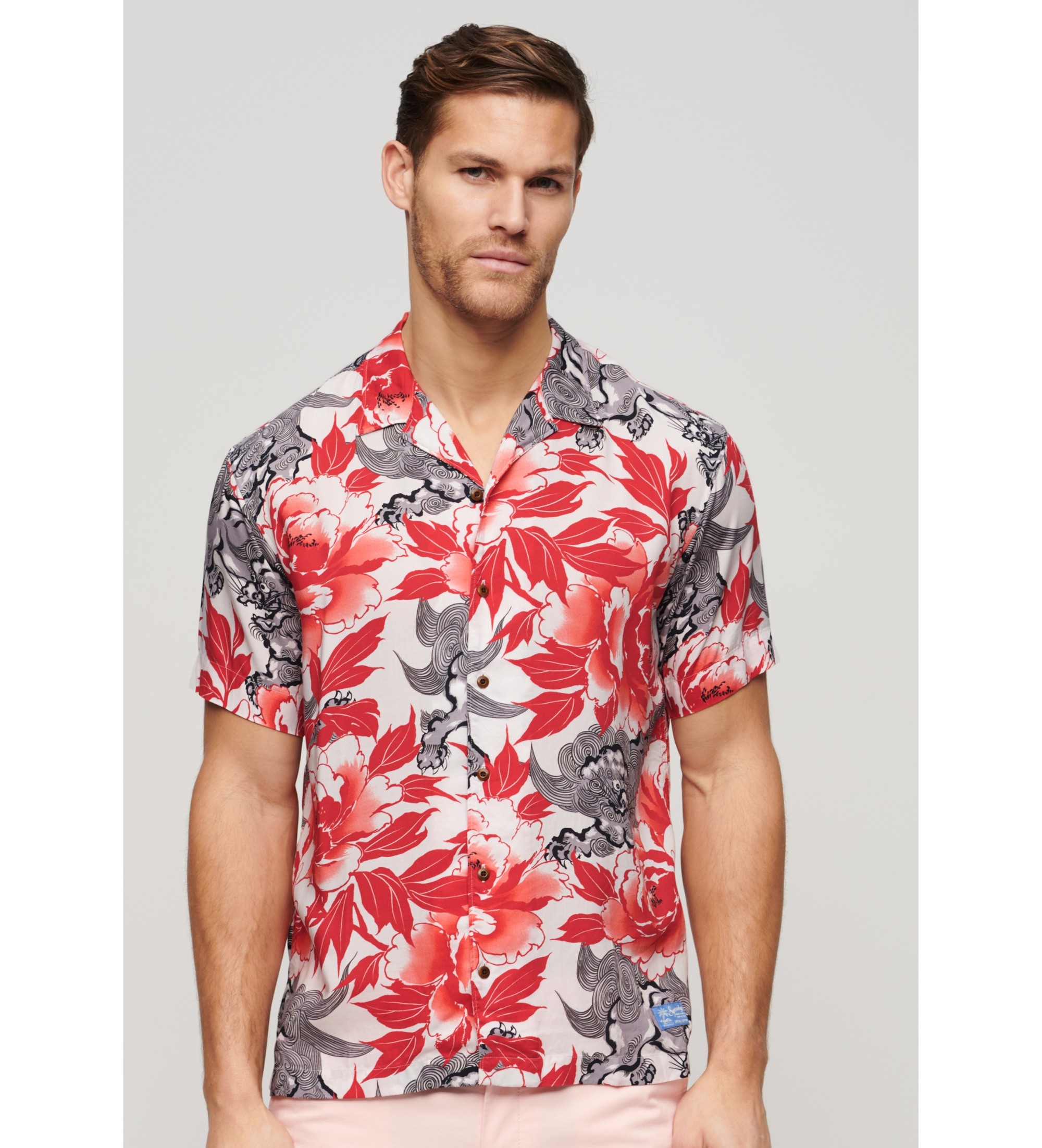 Superdry für Herren. M4010740A Hawaii-Resort-Hemd rosa (XL), Lässig, Baumwolle, Kurzarm