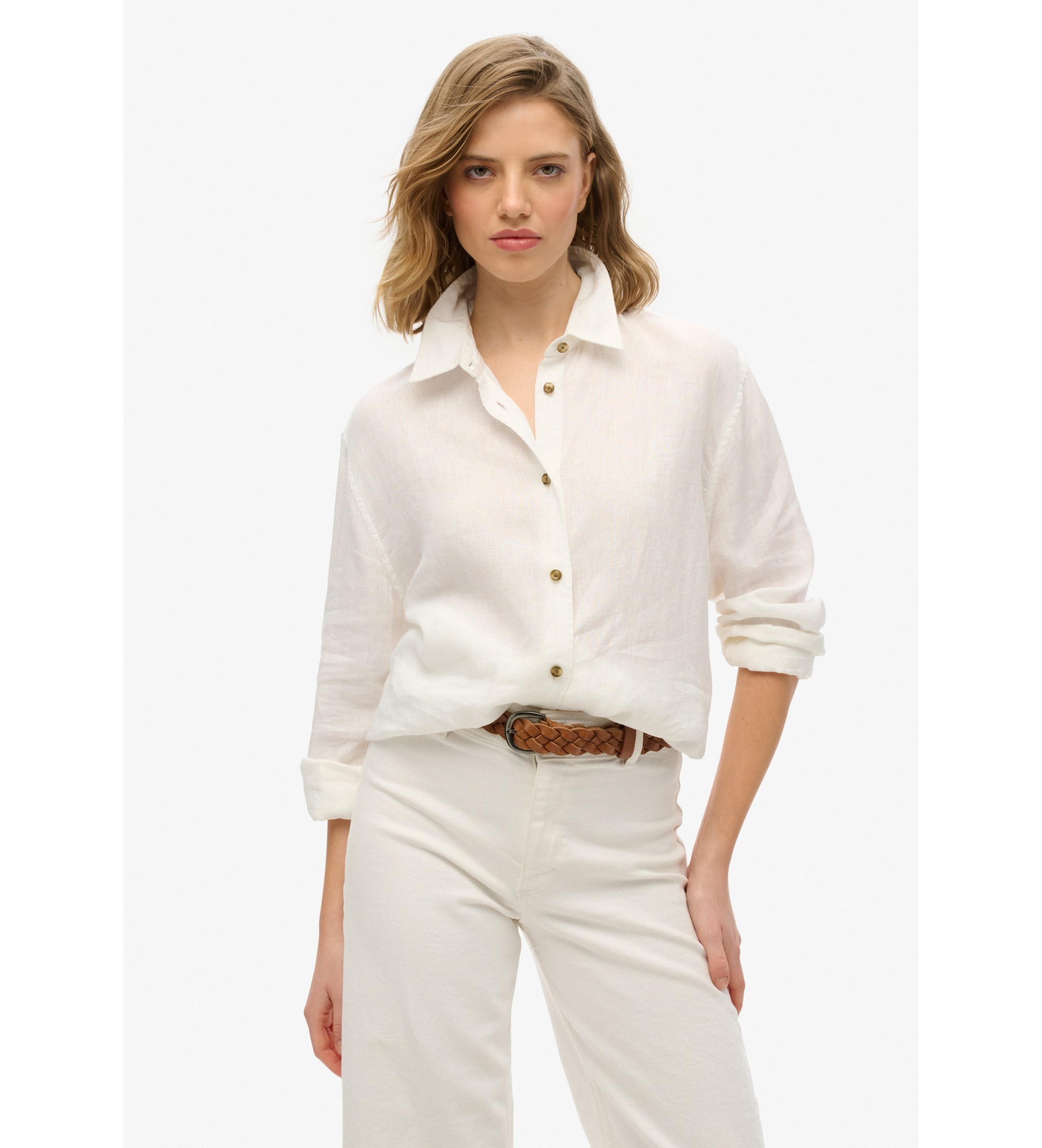 Superdry für Damen. W4010463A Freizeithemd aus Leinen mit weißer Boyfriend-Passform (M), Lässig, Langarm