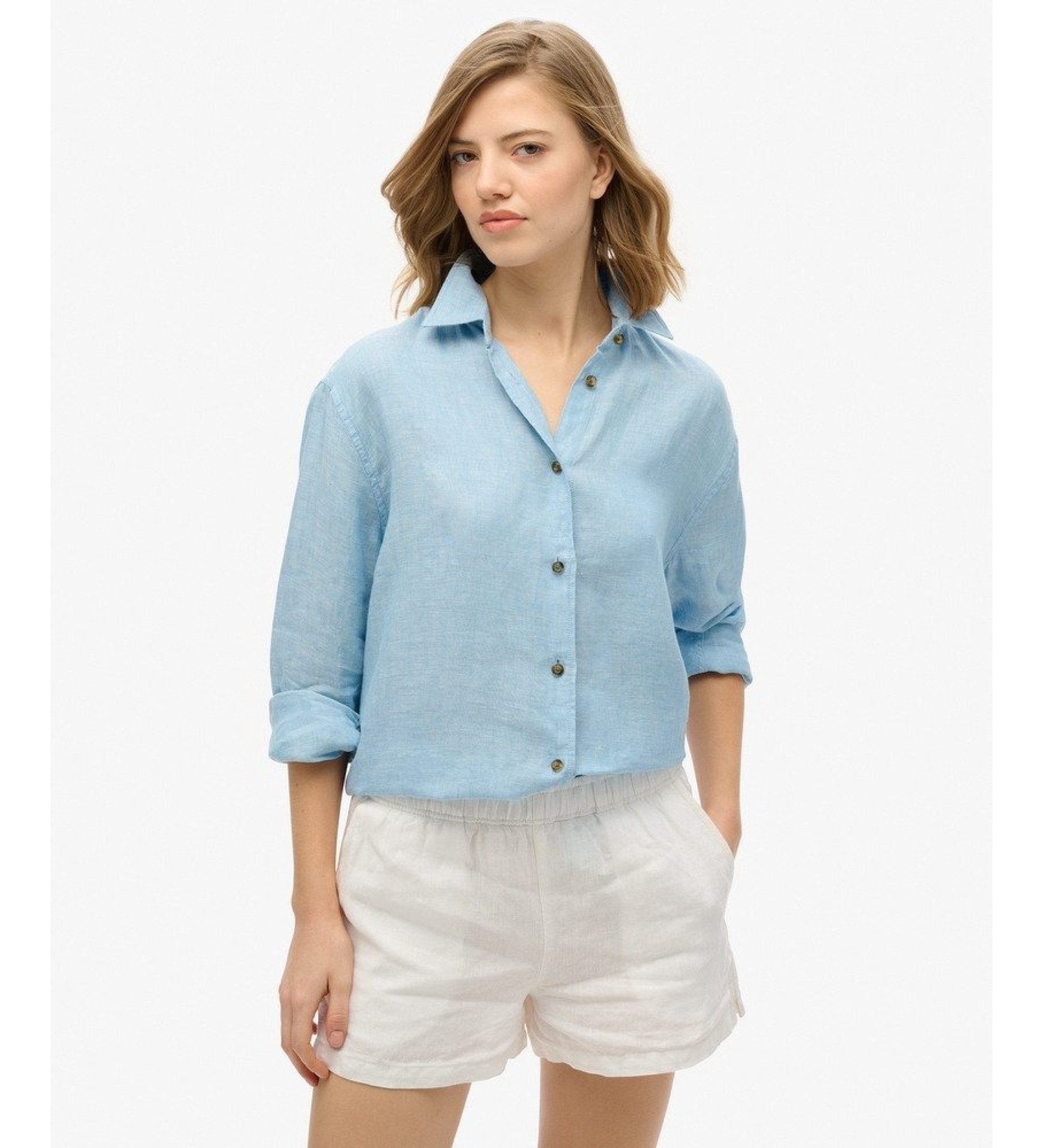 Superdry für Damen. W4010463A Lässiges Leinenhemd mit blauem Boyfriend-Schnitt (S), Langarm