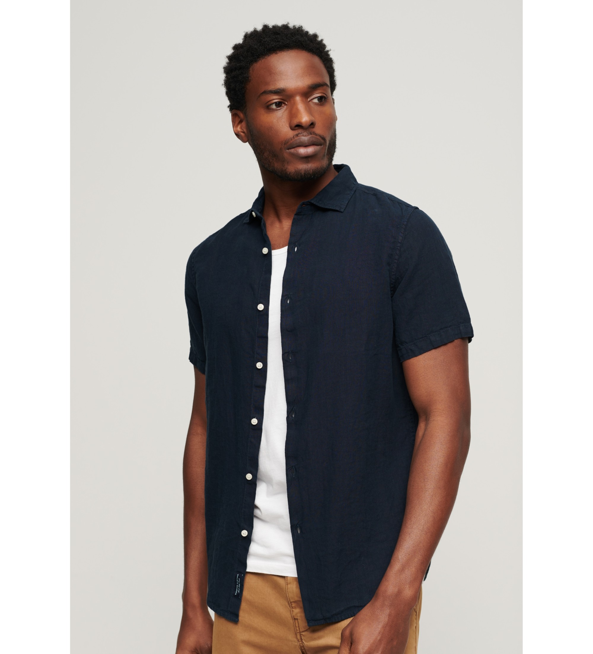 Superdry für Herren. M4010608A Studios navy Leinen Freizeithemd (S), Lässig, Kurzarm, Marine