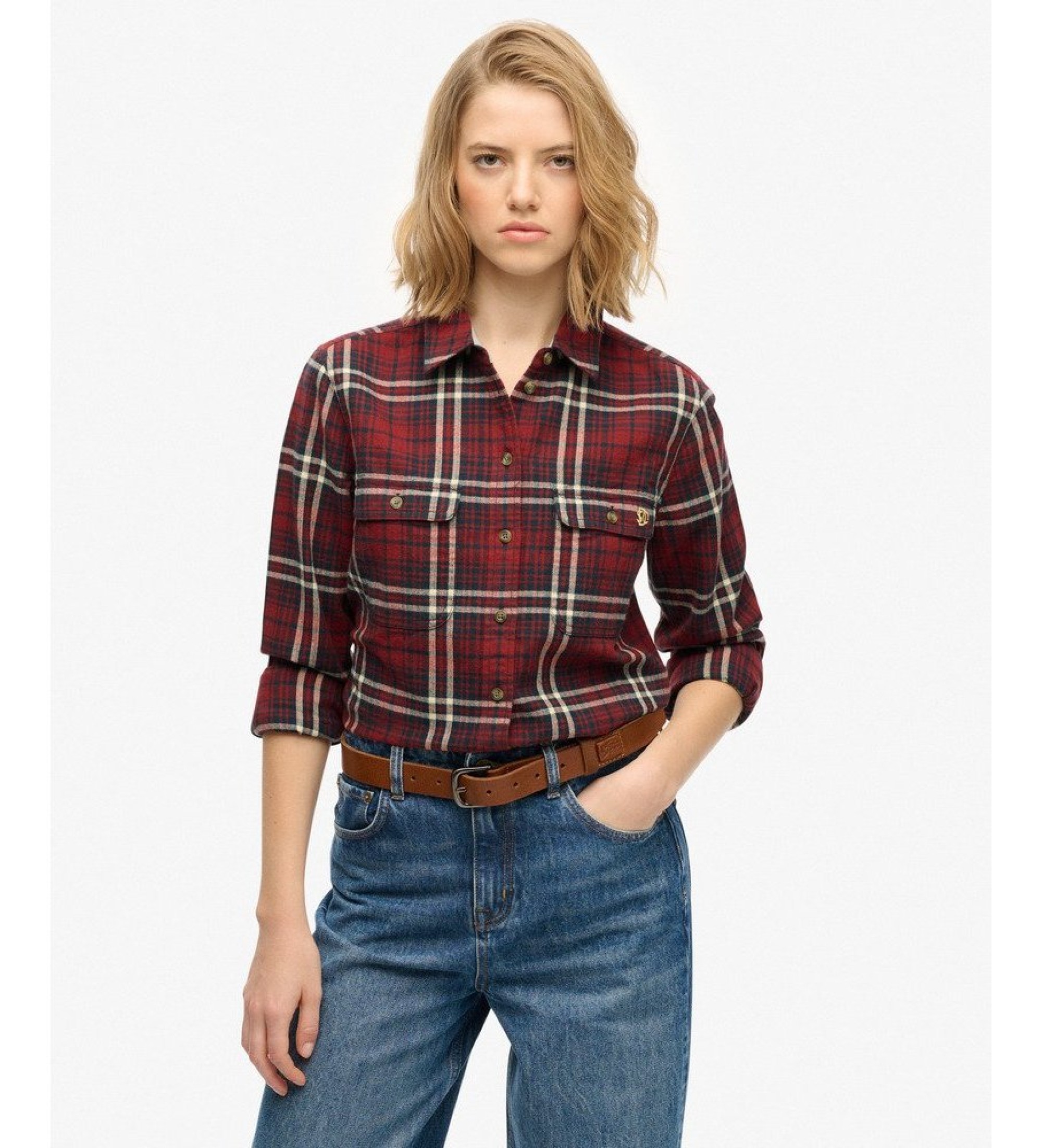 Superdry für Damen. W4010513A Holzfällerhemd aus Flanell rot (L), Lässig, Baumwolle, Langarm