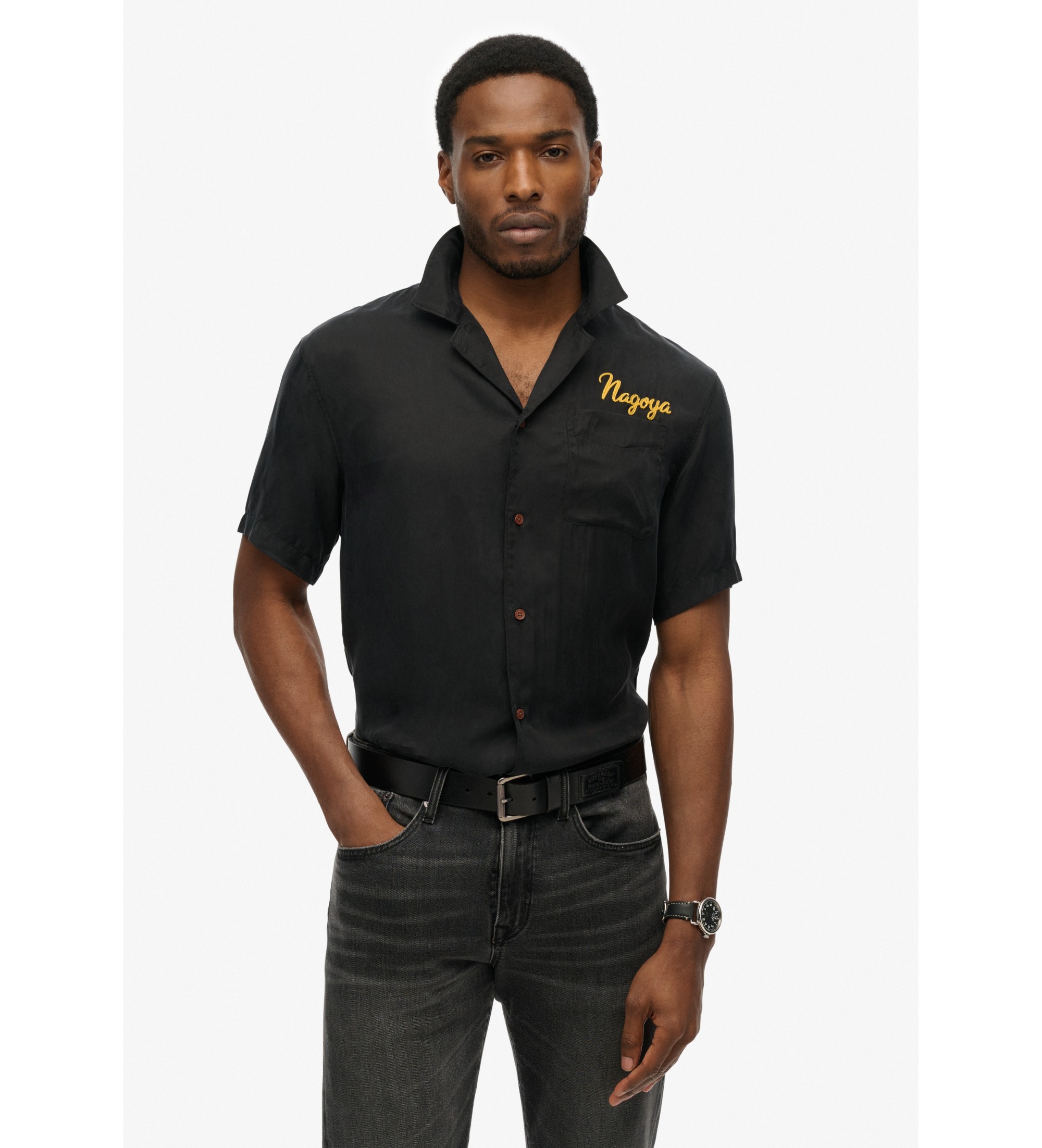Superdry für Herren. M4010938A Merchant Suika Hemd schwarz (M), Lässig, Baumwolle, Kurzarm