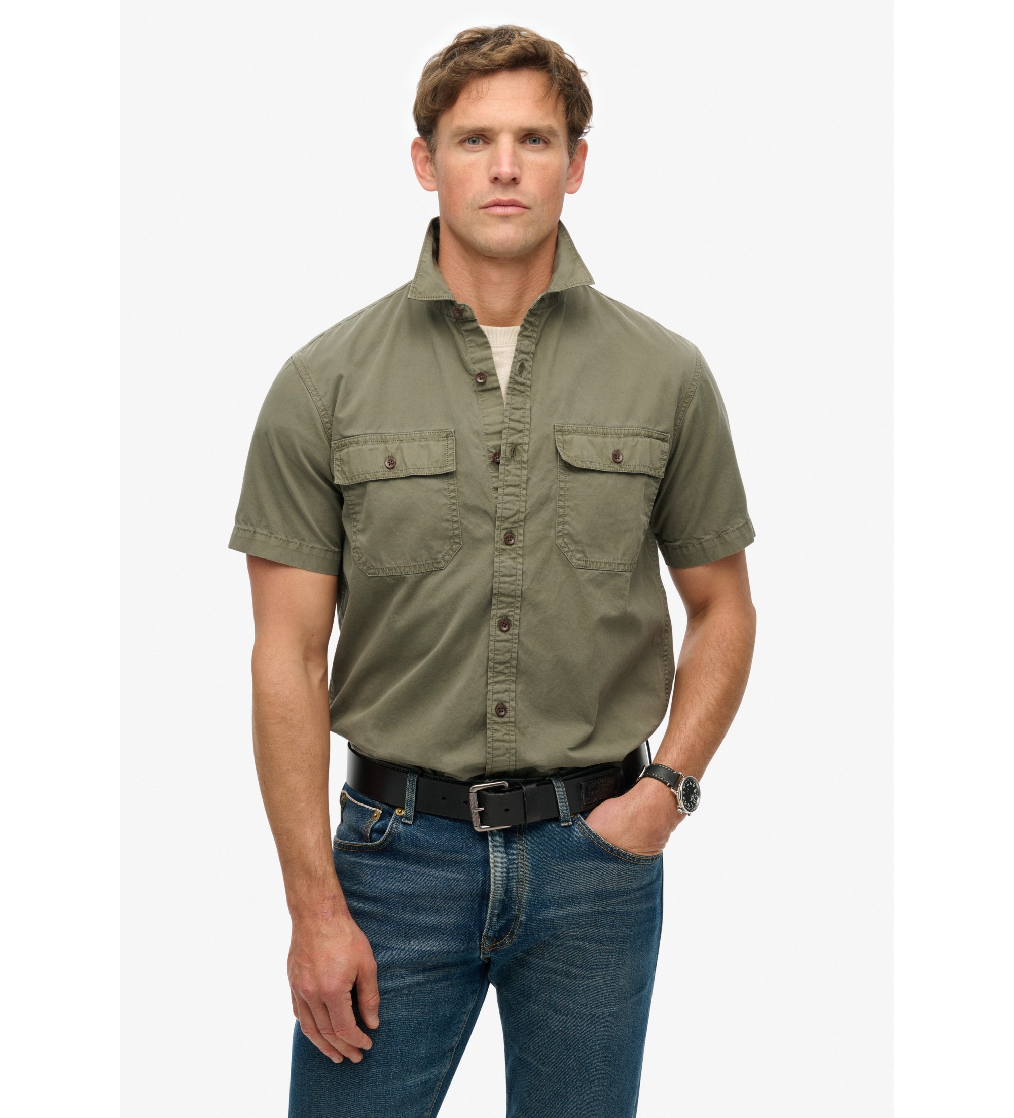 Superdry für Herren. M4010946A Grünes Kurzarm-Militärhemd (XL), Lässig, Baumwolle