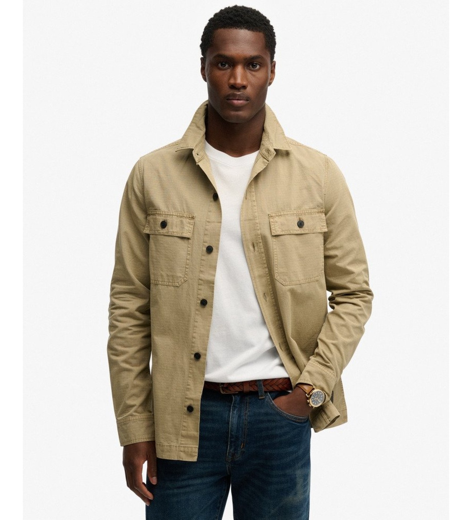 Superdry für Herren. M4011143A Military Hemd Beige (L), Lässig, Langarm, Stoff