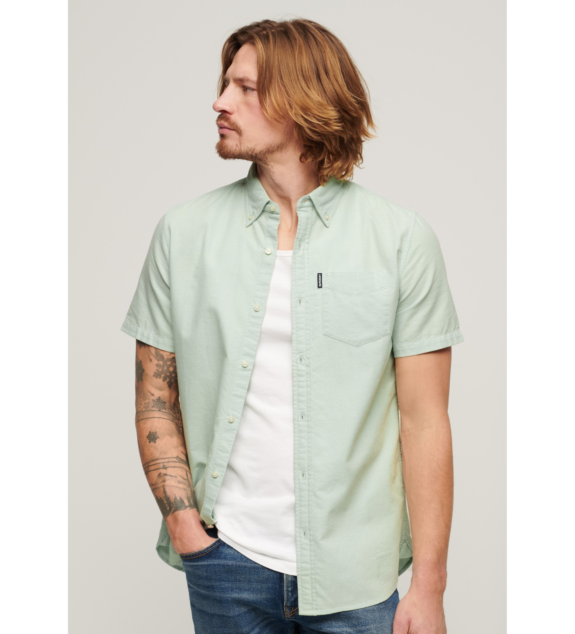 Superdry für Herren. M4010623A Grünes Kurzarm-Oxfordhemd (S), Lässig, Baumwolle