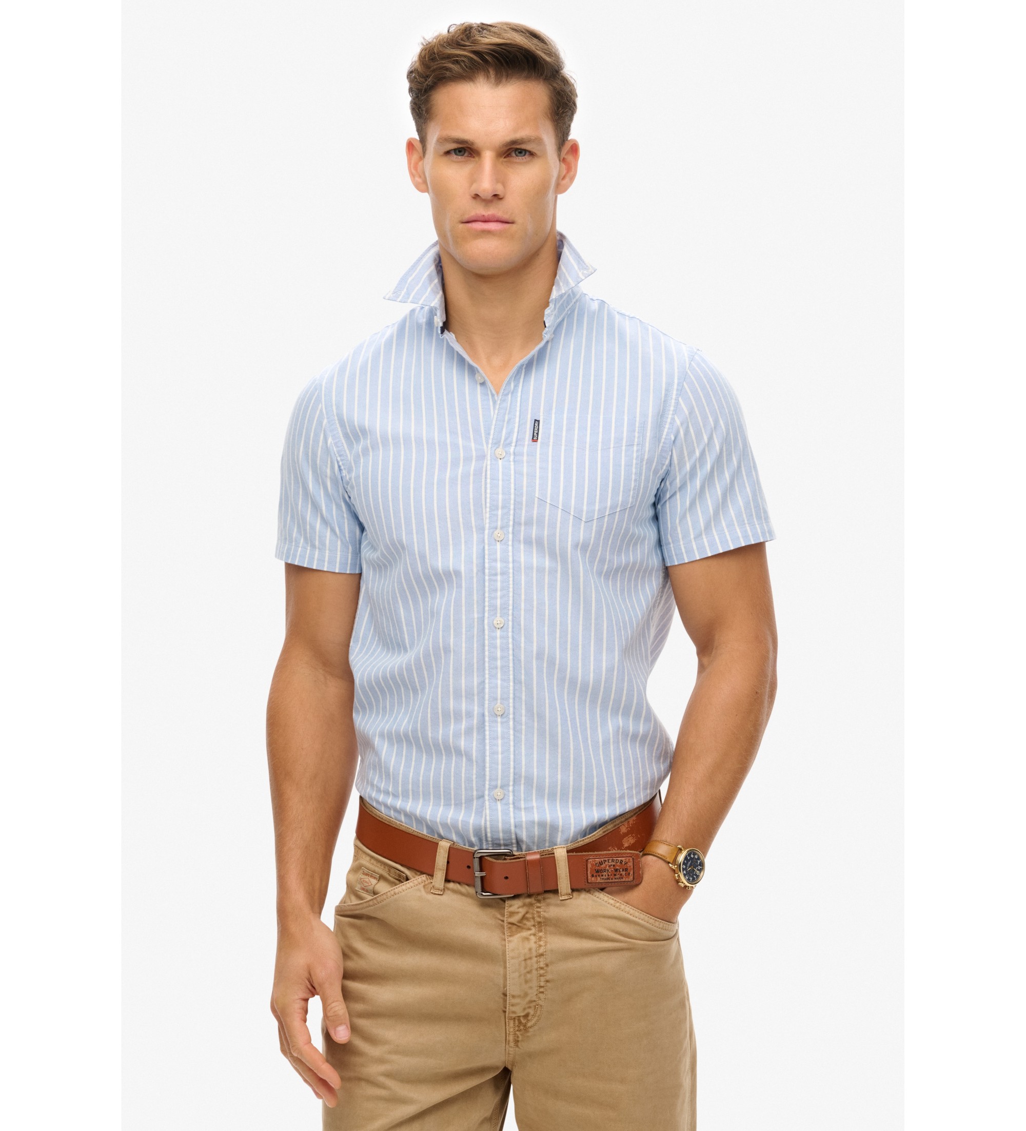 Superdry für Herren. M4010944A Blaues kurzärmeliges Oxford-Hemd (M), Lässig, Baumwolle, Kurzarm