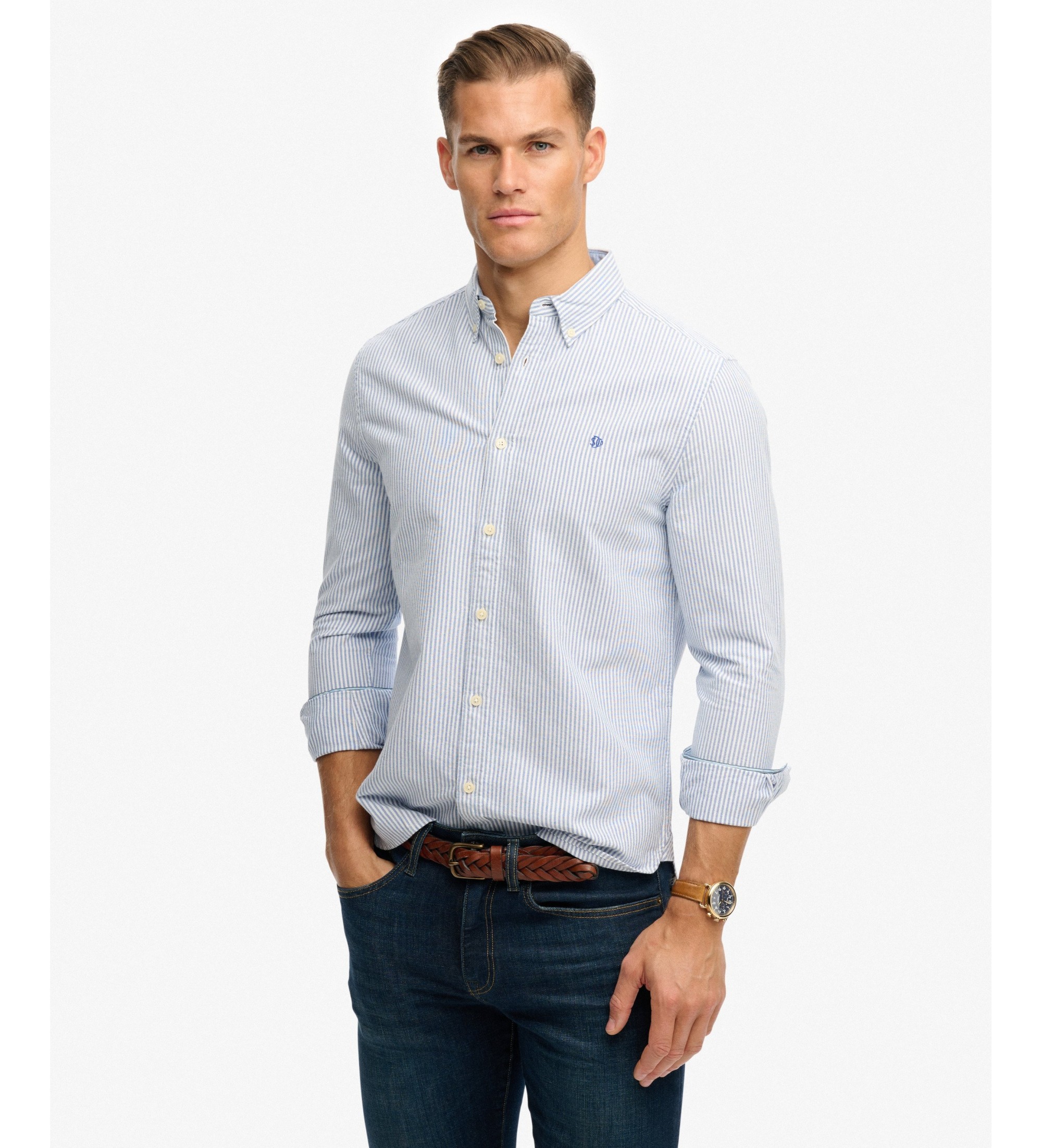 Superdry für Herren. M4011100A Blaues, gestreiftes Preppy-Oxford-Hemd (XXL), Lässig, Baumwolle, Langarm