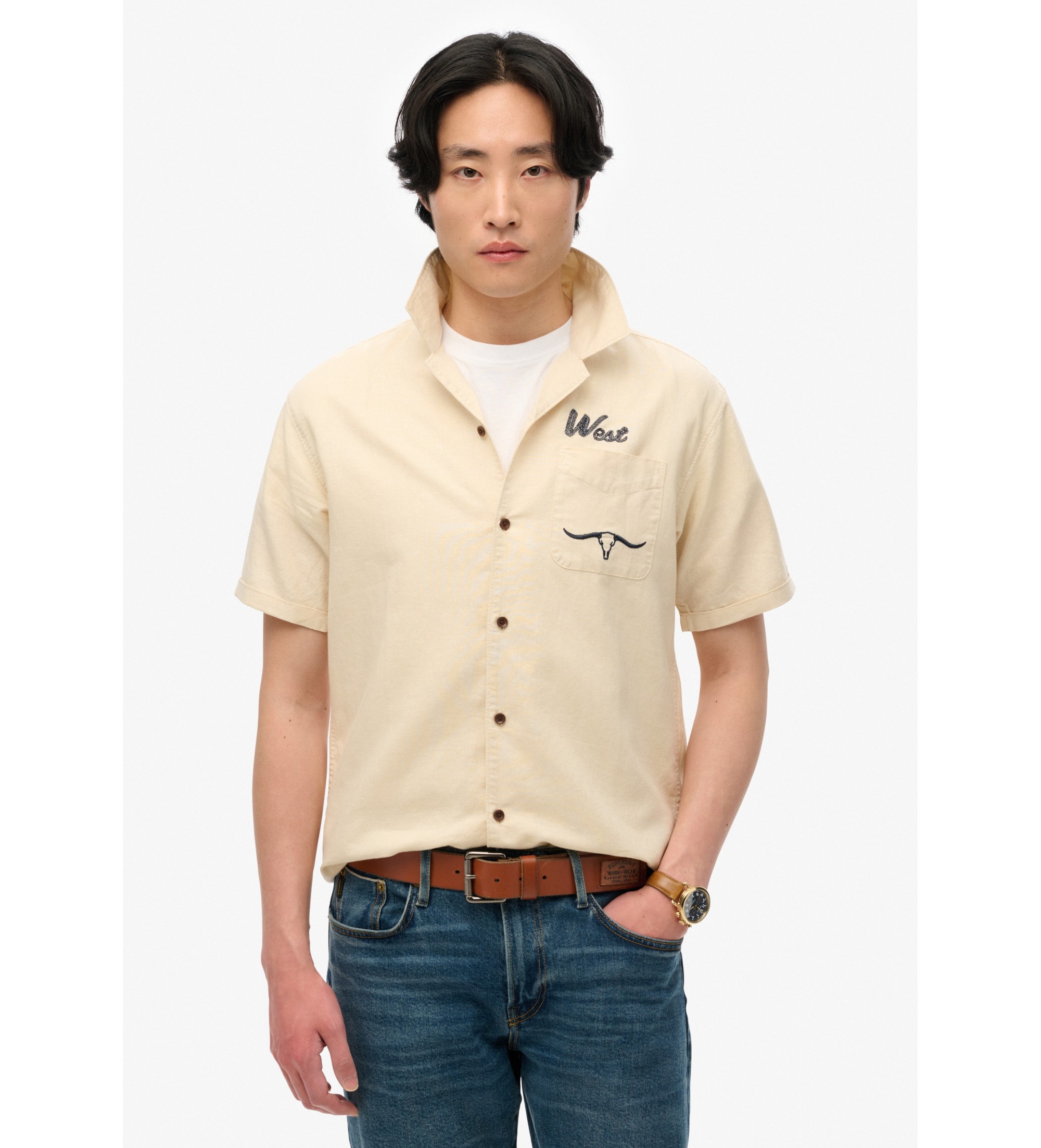 Superdry für Herren. M4011007A Resort Merchant Store beigefarbenes Hemd (XL), Lässig, Leinen, Kurzarm