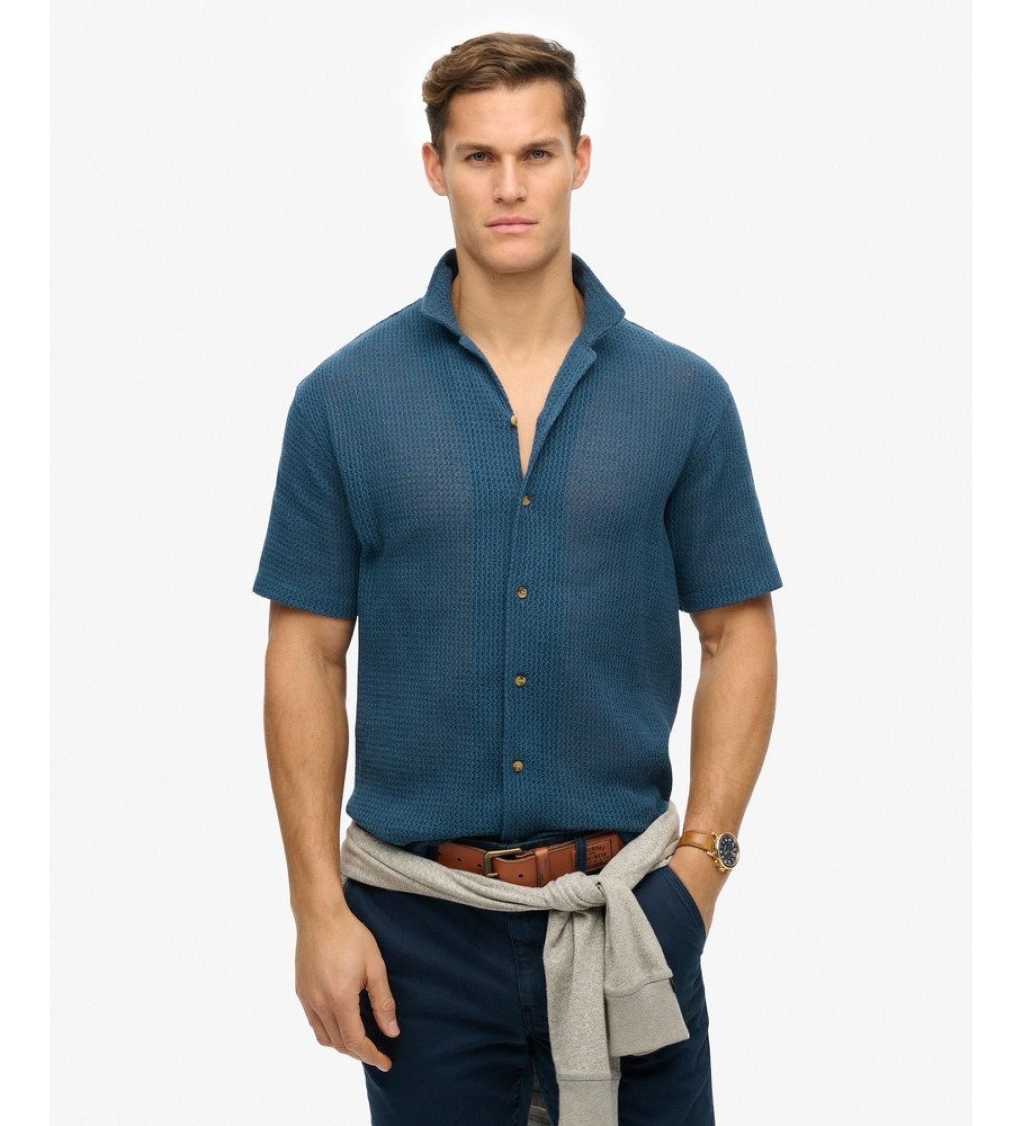 Superdry für Herren. M4011058A Hemd Texture marineblau (XL), Lässig, Baumwolle, Kurzarm