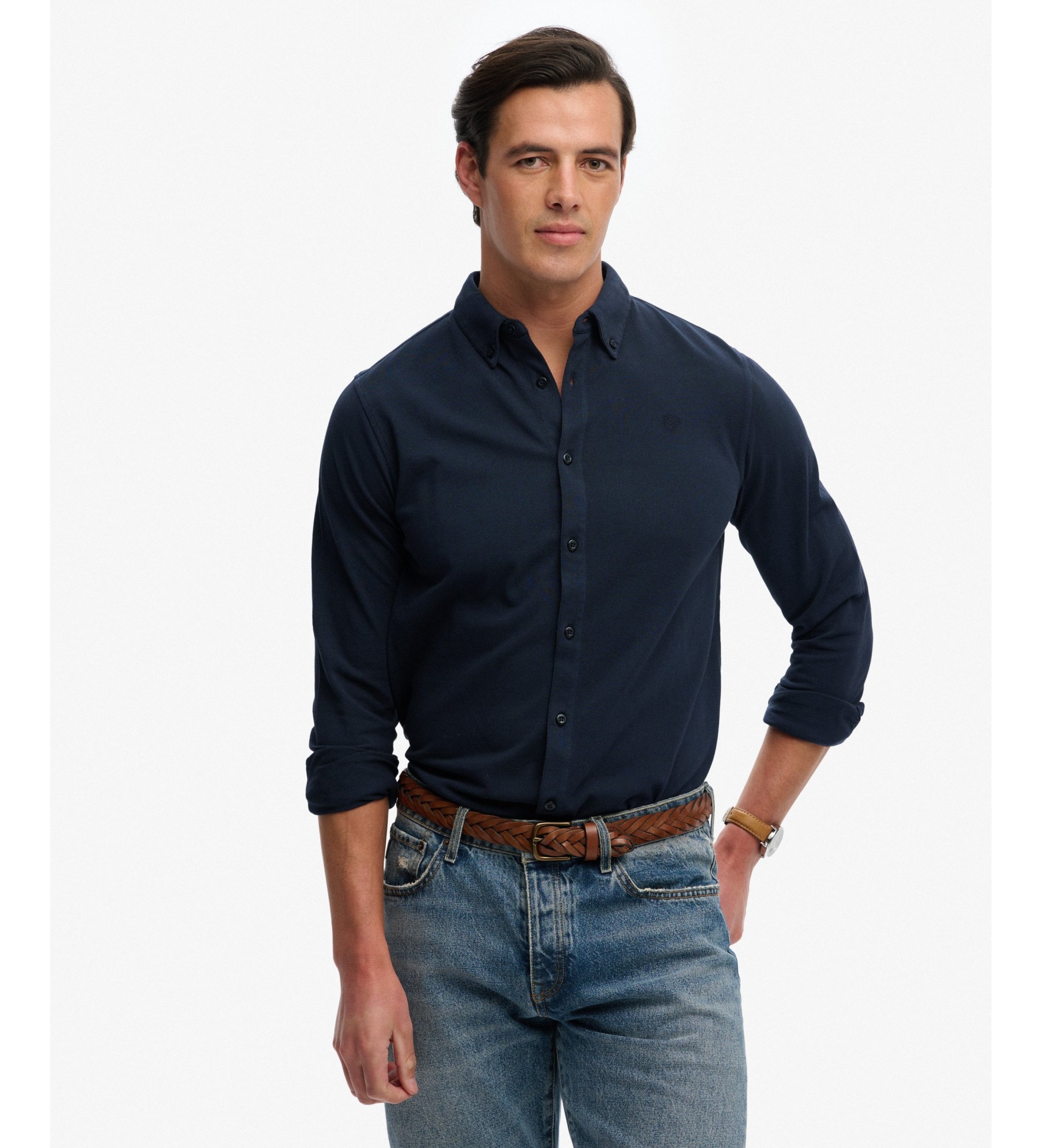 Superdry Herren Vintage Destroy Piqué-hemd mit Langen Ärmeln Navy - Größe: L