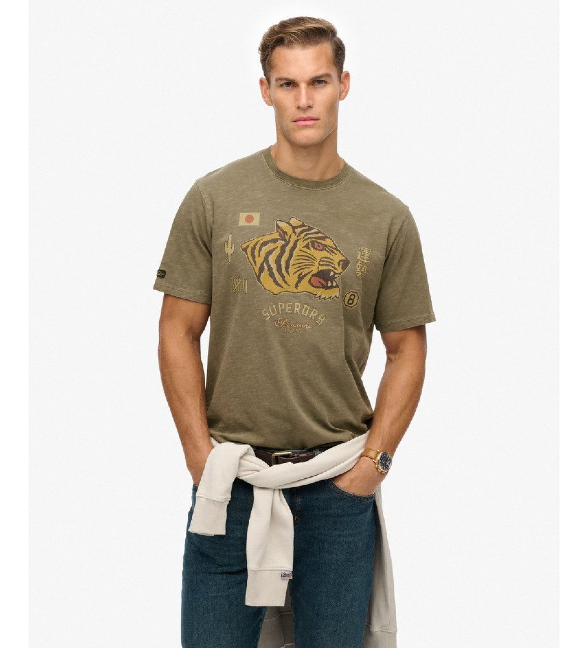 Superdry für Herren. M1012238A Kampagnen-Souvenir-T-Shirt grün (M), Lässig, Baumwolle, Kurzarm