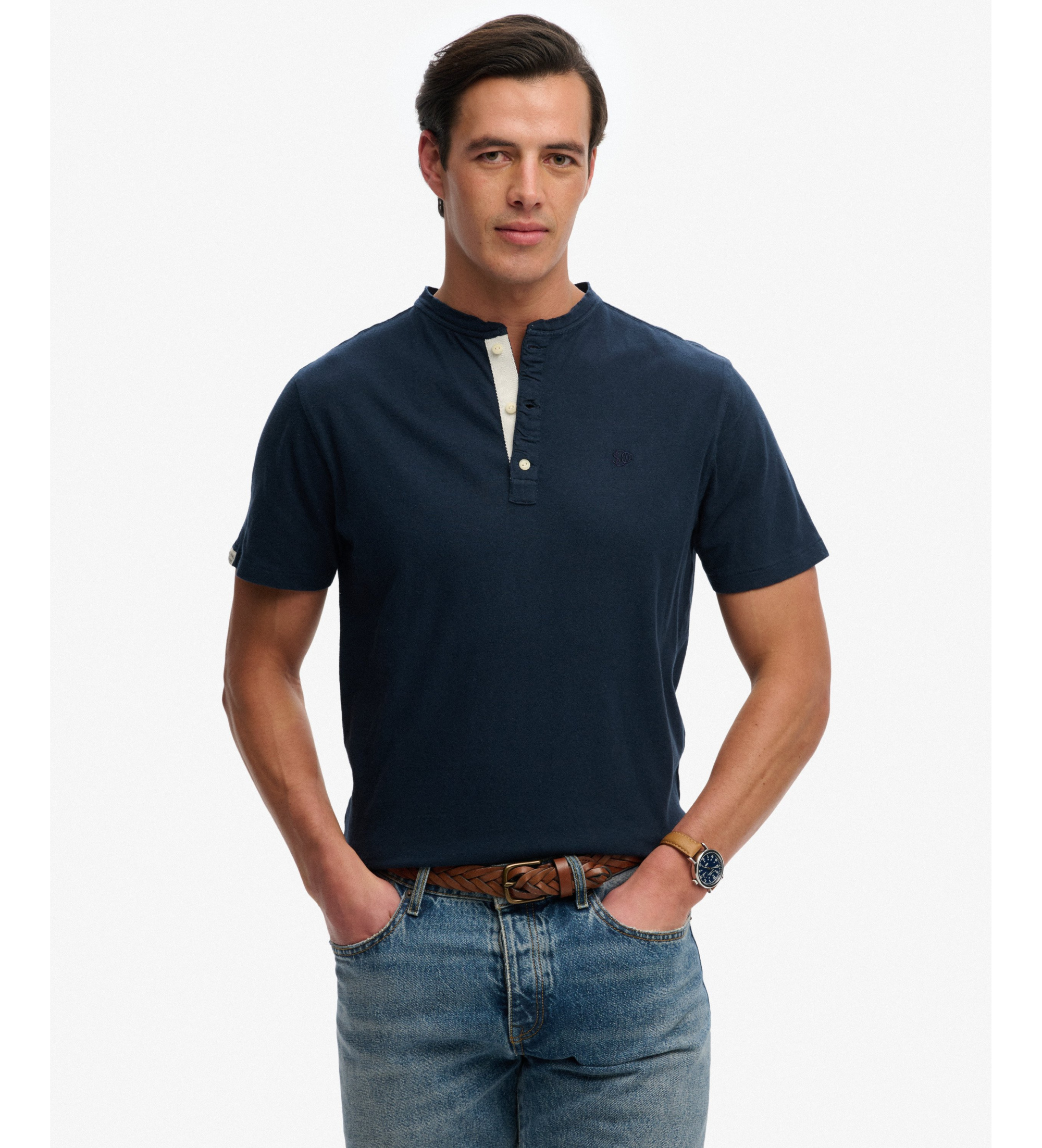 Superdryvoor mannen. M6010937A T-shirt klassieke opa marine (L), Casual, Katoen, Korte mouwen, Marineblauw