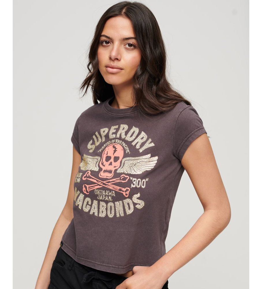 Superdry für Damen. W1011391A T-Shirt mit Kappenärmeln und grauen Besätzen (S), Lässig, Baumwolle, Kurzarm