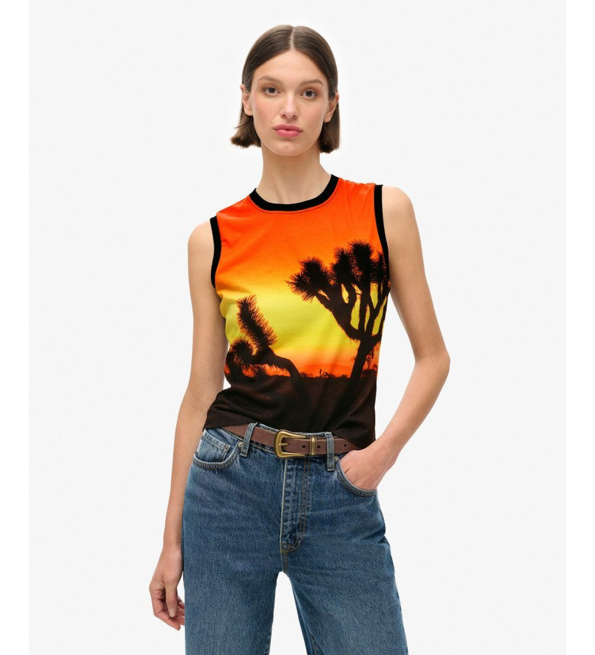 Superdry für Damen. W6011959A Tanktop mit orangefarbenem Unterdruck, schwarz (XL), Lässig, Baumwolle, Ärmellos / Hosenträger
