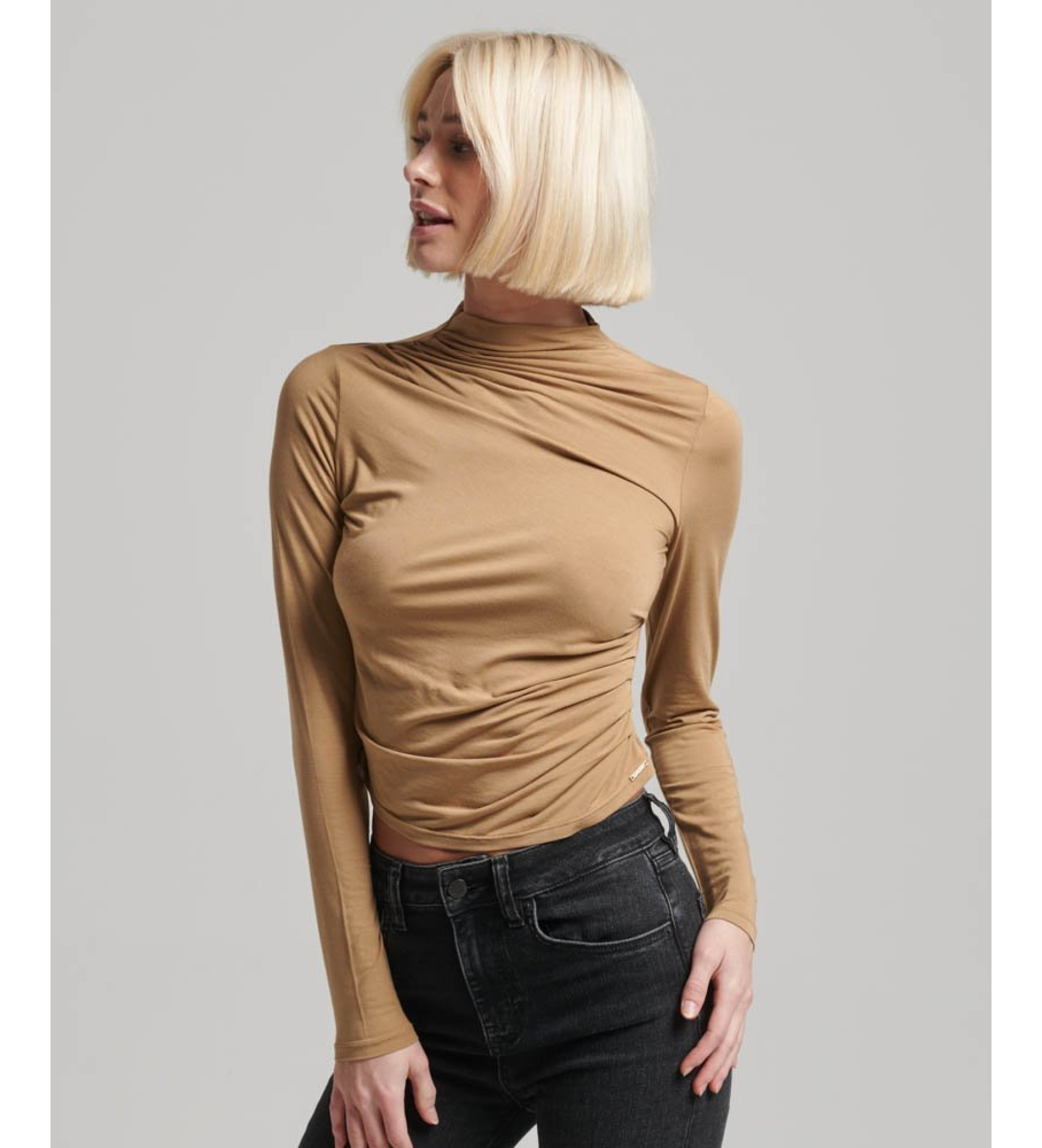 Superdry für Damen. W6011682A Perkins Langarm-T-Shirt mit Rüschen und langen Ärmeln braun (XL), Lässig, Modal