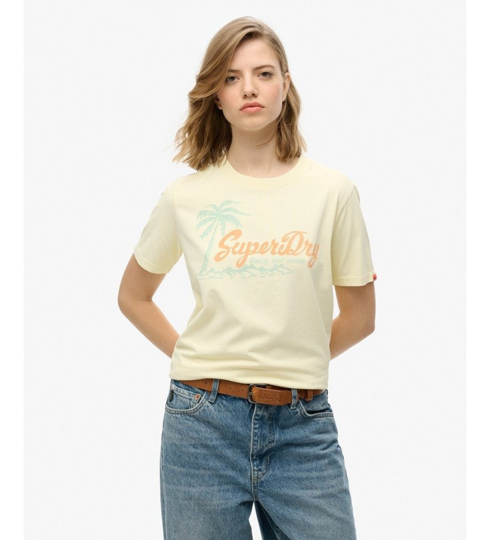 Superdry für Damen. W1011614A Entspanntes T-Shirt Creme Bank (XS), Weiß, Lässig, Baumwolle, Kurzarm