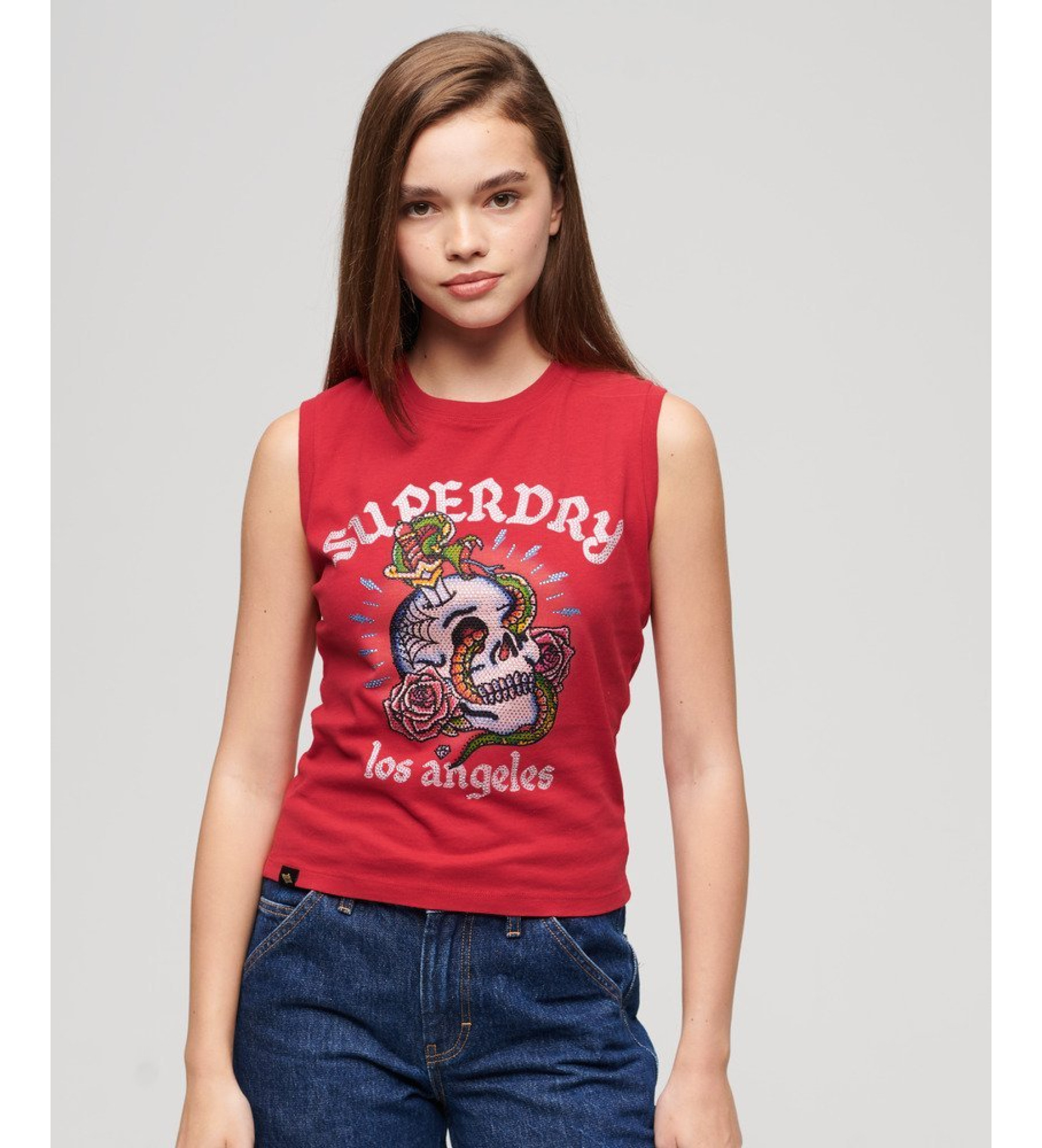 Superdry für Damen. W6011781A Ärmelloses T-shirt mit Strass Tattoo rot (XS), Lässig, Baumwolle, Ärmellos / Hosenträger
