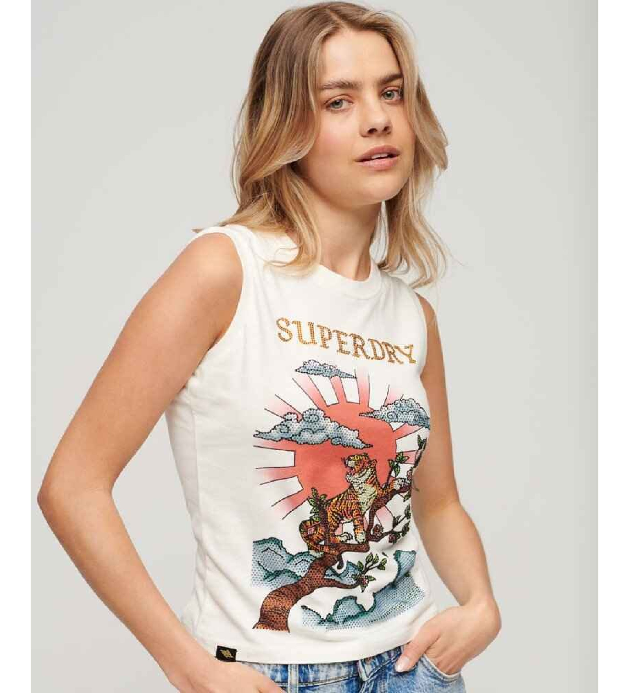 Superdry für Damen. W6011781A Tattoo T-shirt weiß (XS), Lässig, Baumwolle, Ärmellos / Hosenträger