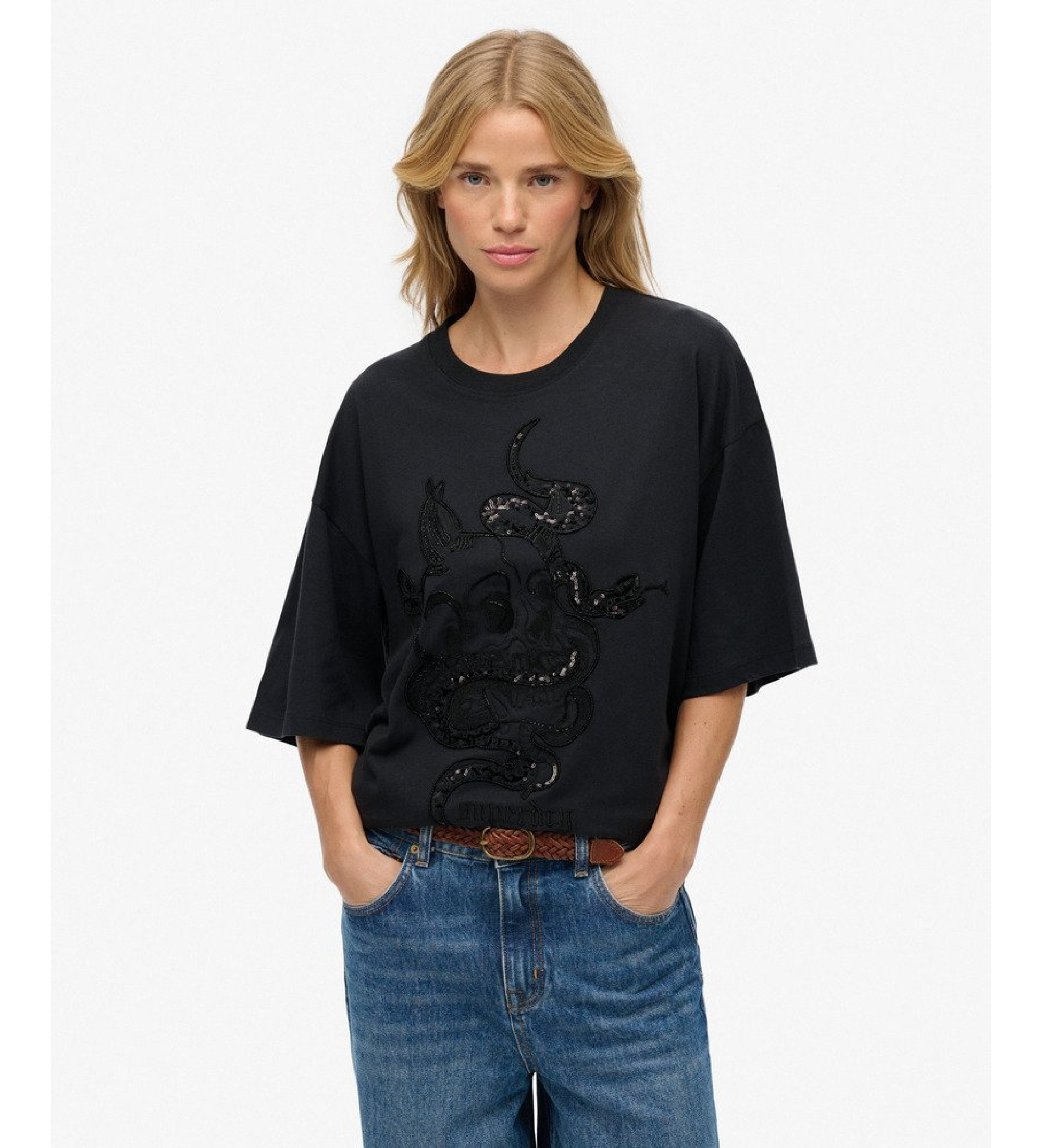 Superdry für Damen. W1011764A Tattoo T-shirt schwarz (XS), Lässig, Baumwolle, 3/4 Ärmel