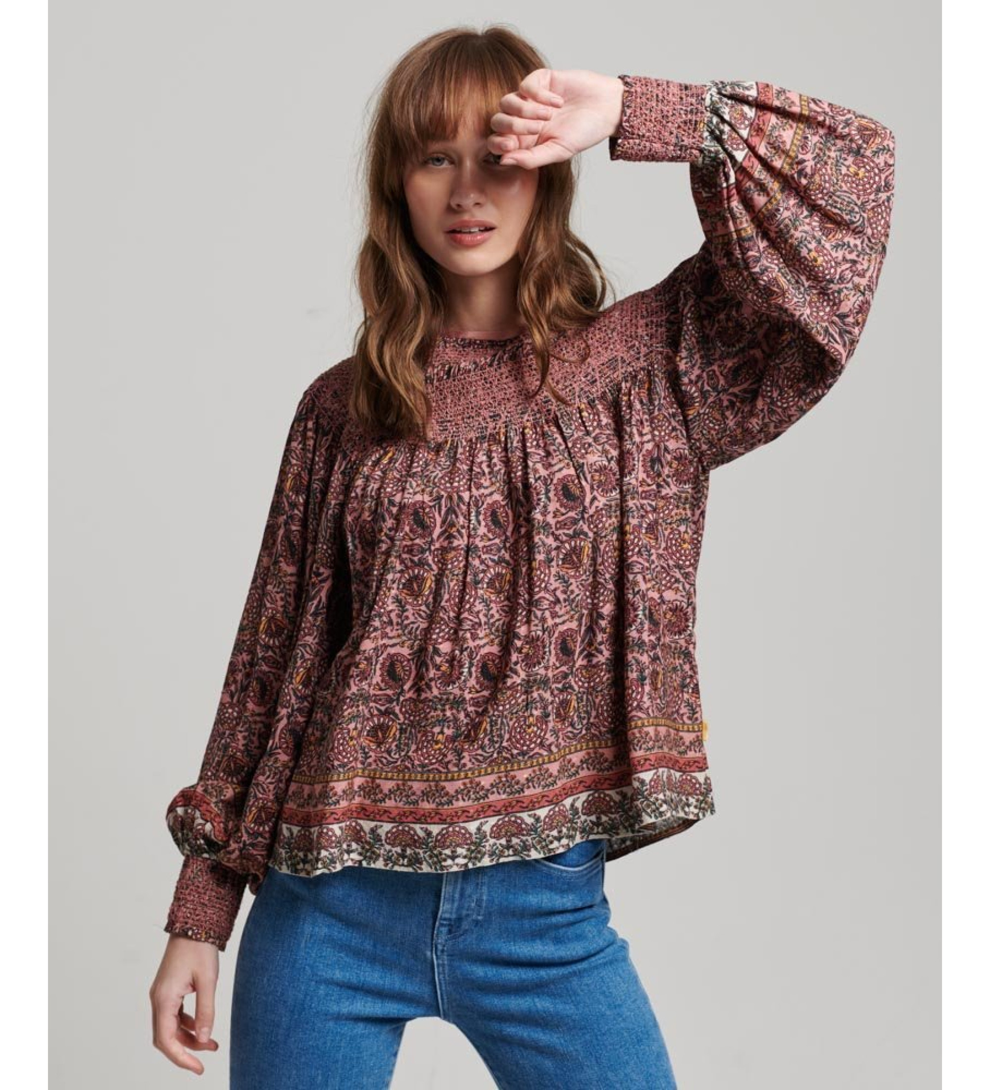 Superdry für Damen. W6011676A Burgunderfarbenes T-Shirt aus gewebtem Stoff mit Rüschenmuster (M), Lässig, Viskose, Langarm, Bordeaux
