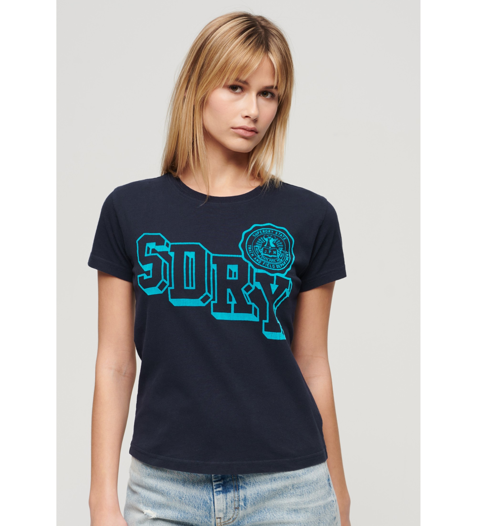 Superdry für Damen. W1011421A Varsity T-Shirt aus Fleece in Marineblau (XS), Lässig, Baumwolle, Kurzarm