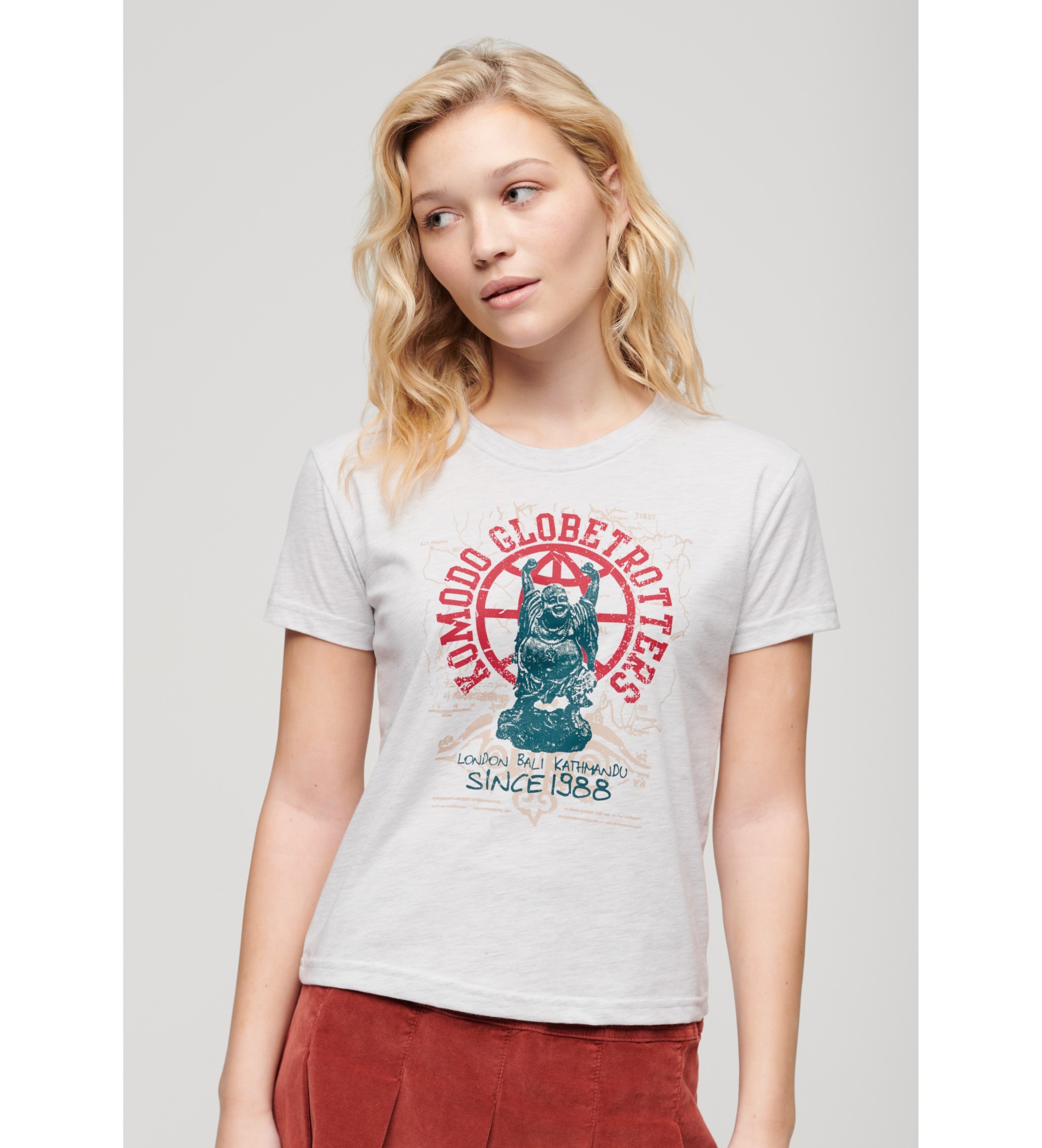 Superdry für Damen. W1011553A Komodo Globetrotter grau tailliertes T-shirt (XS), Lässig, Kurzarm, Bio-Baumwolle, Nachhaltig