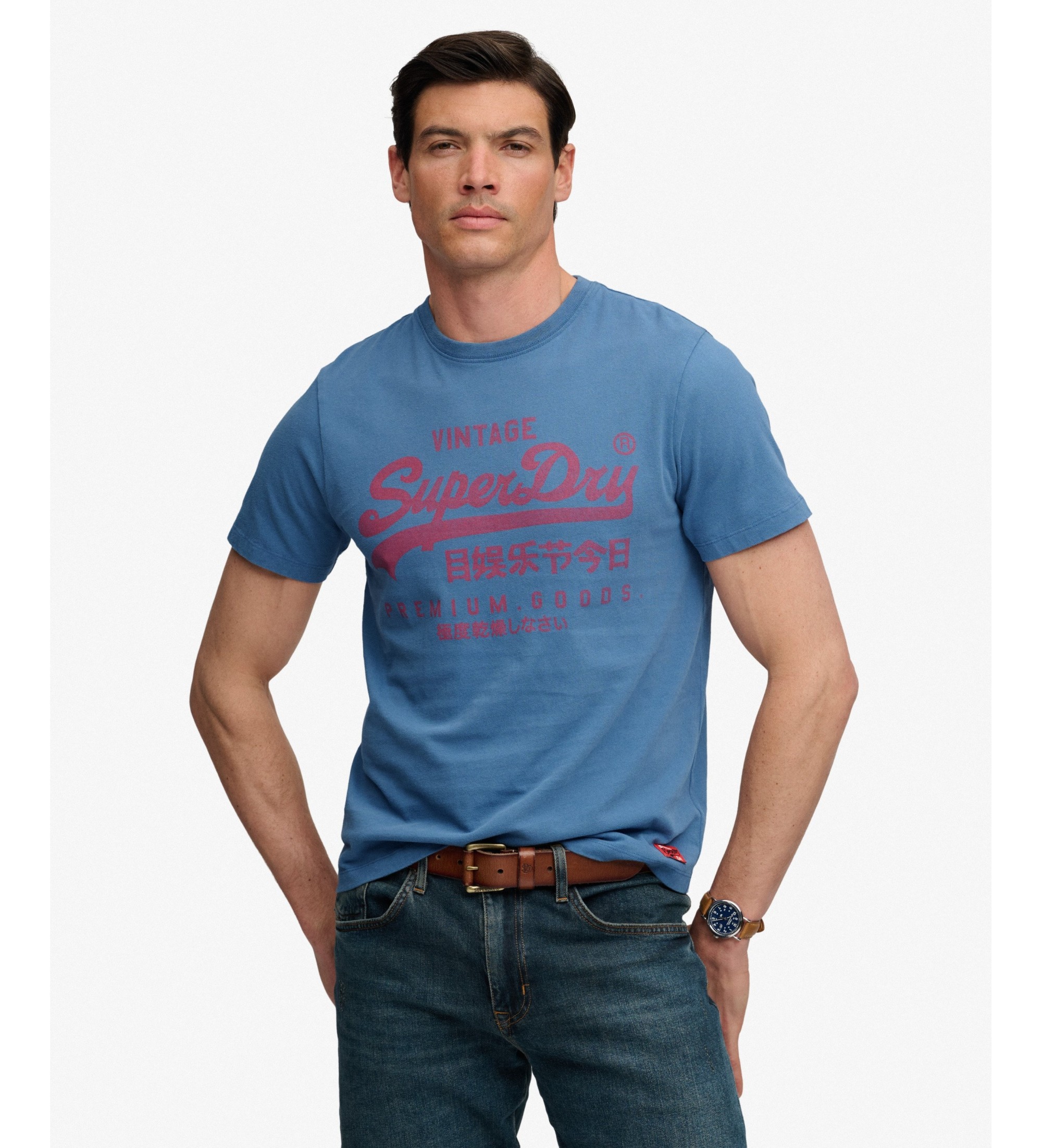 Superdry für Herren. M1012458A Blaues Classic-T-Shirt (L), Lässig, Baumwolle, Kurzarm
