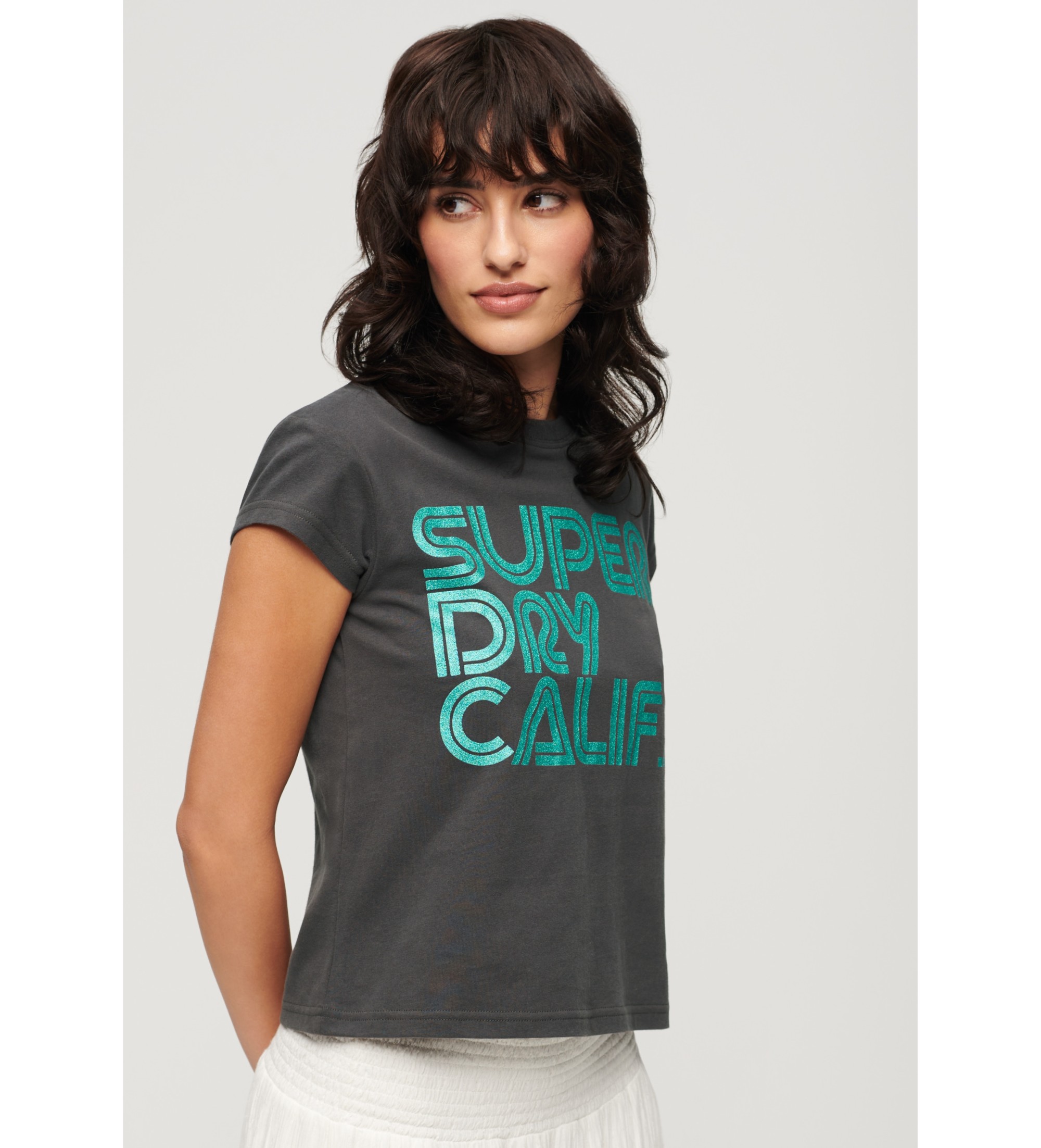 Superdry für Damen. W1011411A Retro Glitzer Logo T-Shirt schwarz (M), Lässig, Baumwolle, Kurzarm