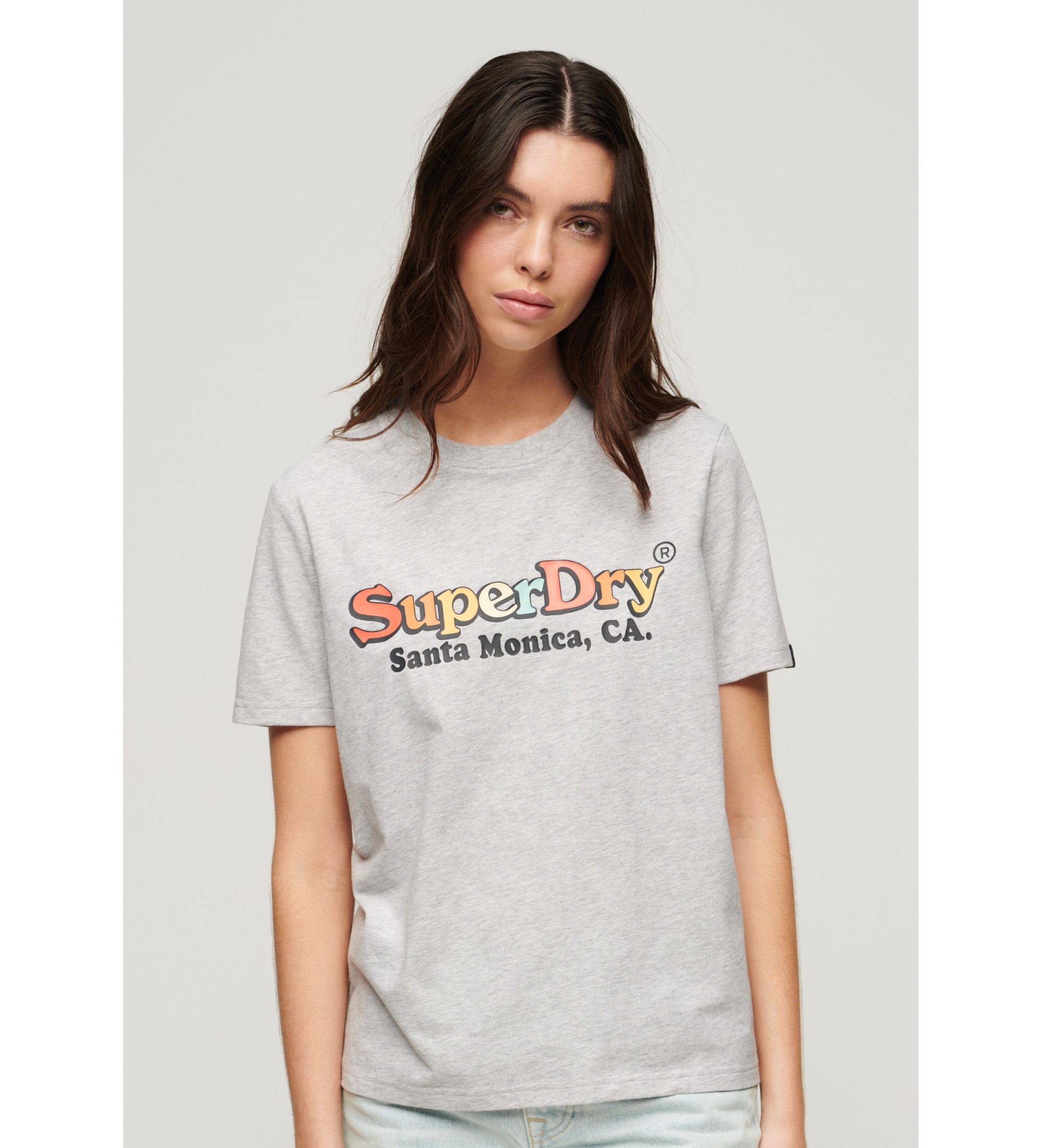 Superdry für Damen. W1011487A T-Shirt mit grauem Regenbogen-Logo (S), Lässig, Baumwolle, Kurzarm