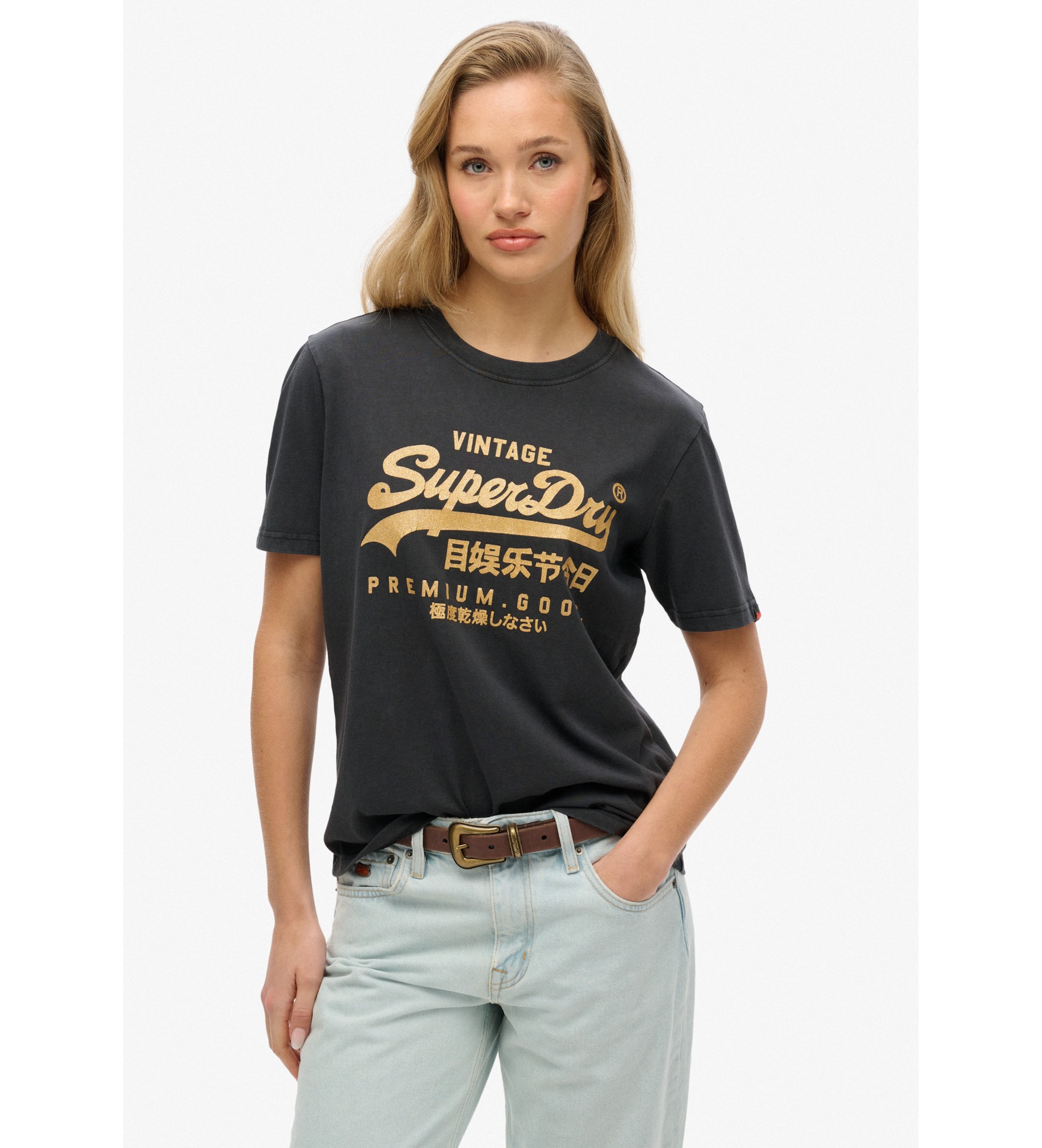 Superdry für Damen. W1011631A T-Shirt in lockerer Passform mit metallisiertem Logo Vintage schwarz (M), Lässig, Baumwolle, Kurzarm