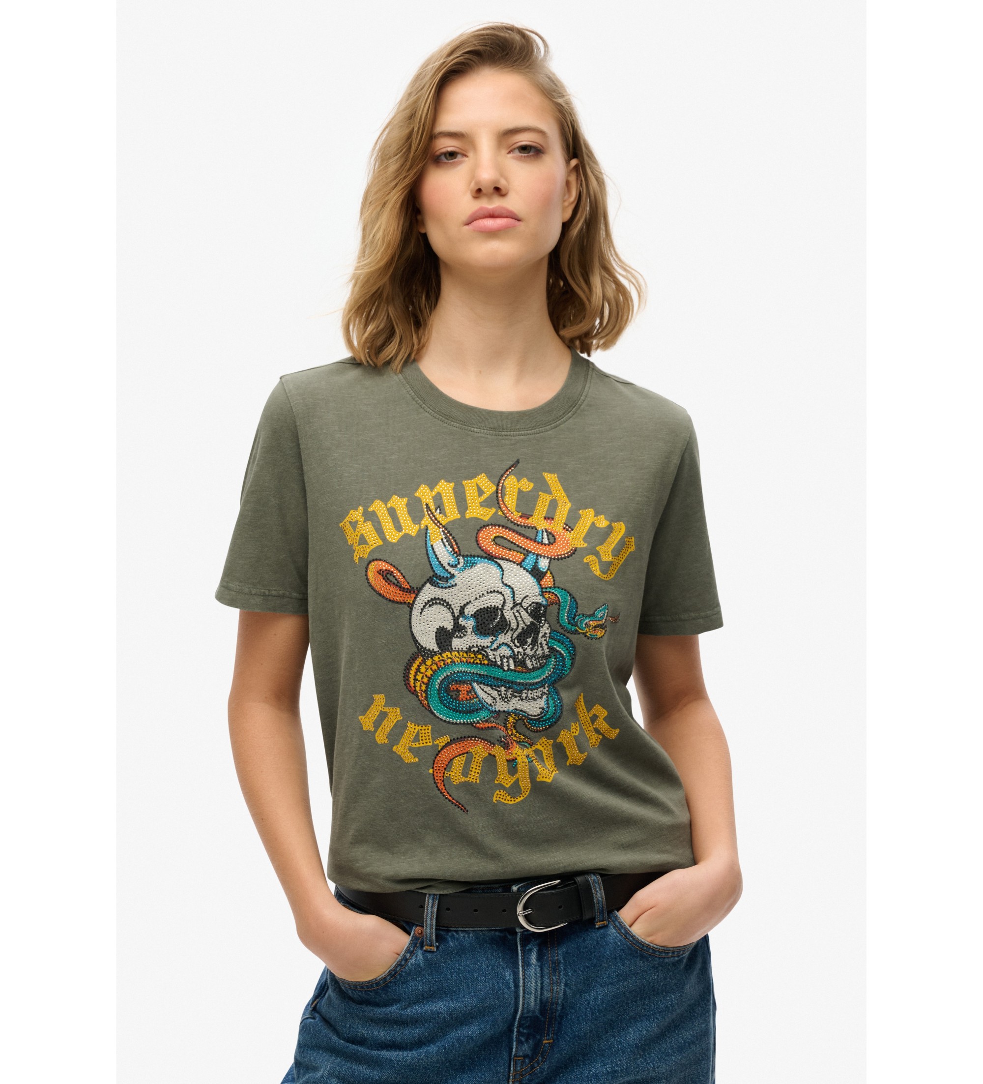 Superdry für Damen. W1011607A Entspanntes T-Shirt mit Neo Trad Tattoo-Motiv grün (M), Lässig, Baumwolle, Kurzarm