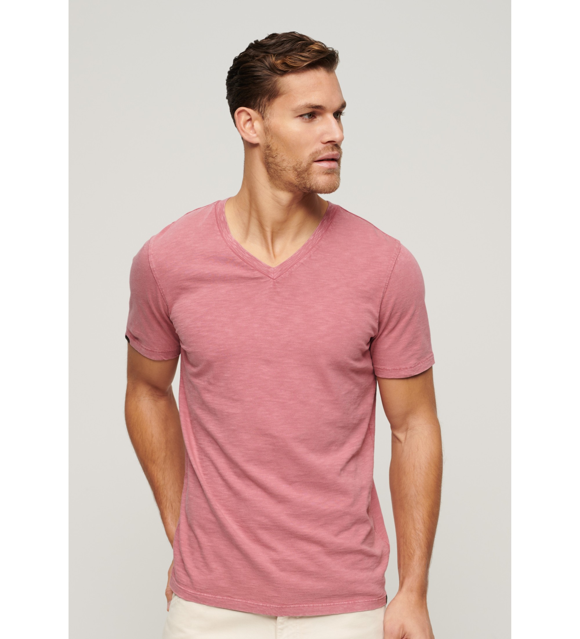 Superdry für Herren. M1011889A Rosa geflammtes T-Shirt mit V-Ausschnitt (S), Lässig, Baumwolle, Kurzarm