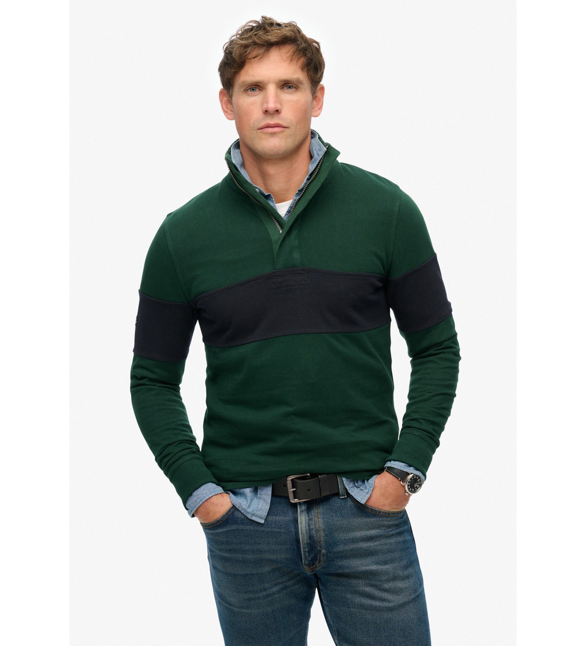 Superdry für Herren. M2014171A Klassisches Rugbytrikot mit grünem Bäckerkragen (XL), Lässig, Baumwolle