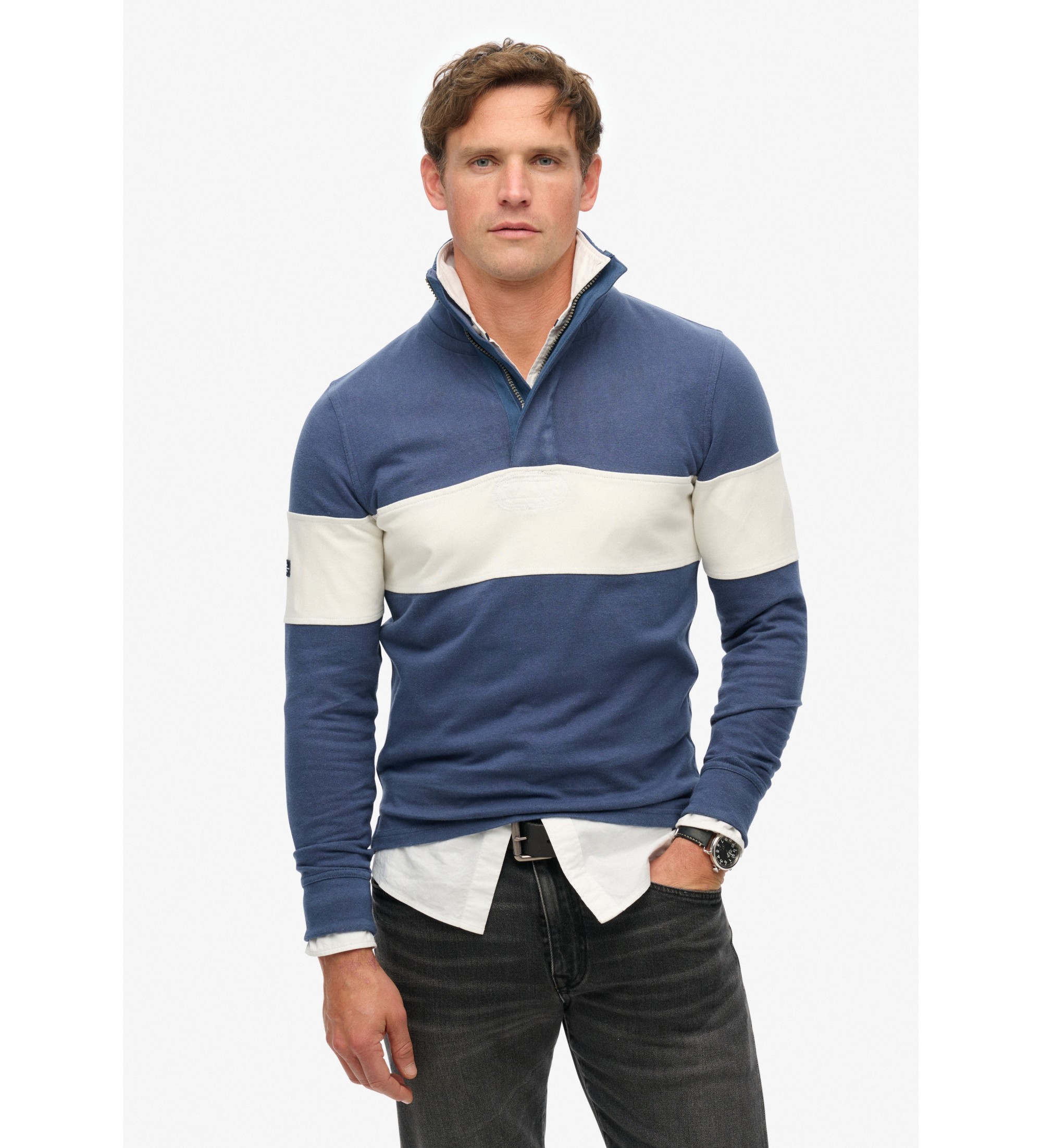 Superdry für Herren. M2014171A Klassisches Rugbytrikot mit blauem Bäckerkragen (L), Lässig, Baumwolle