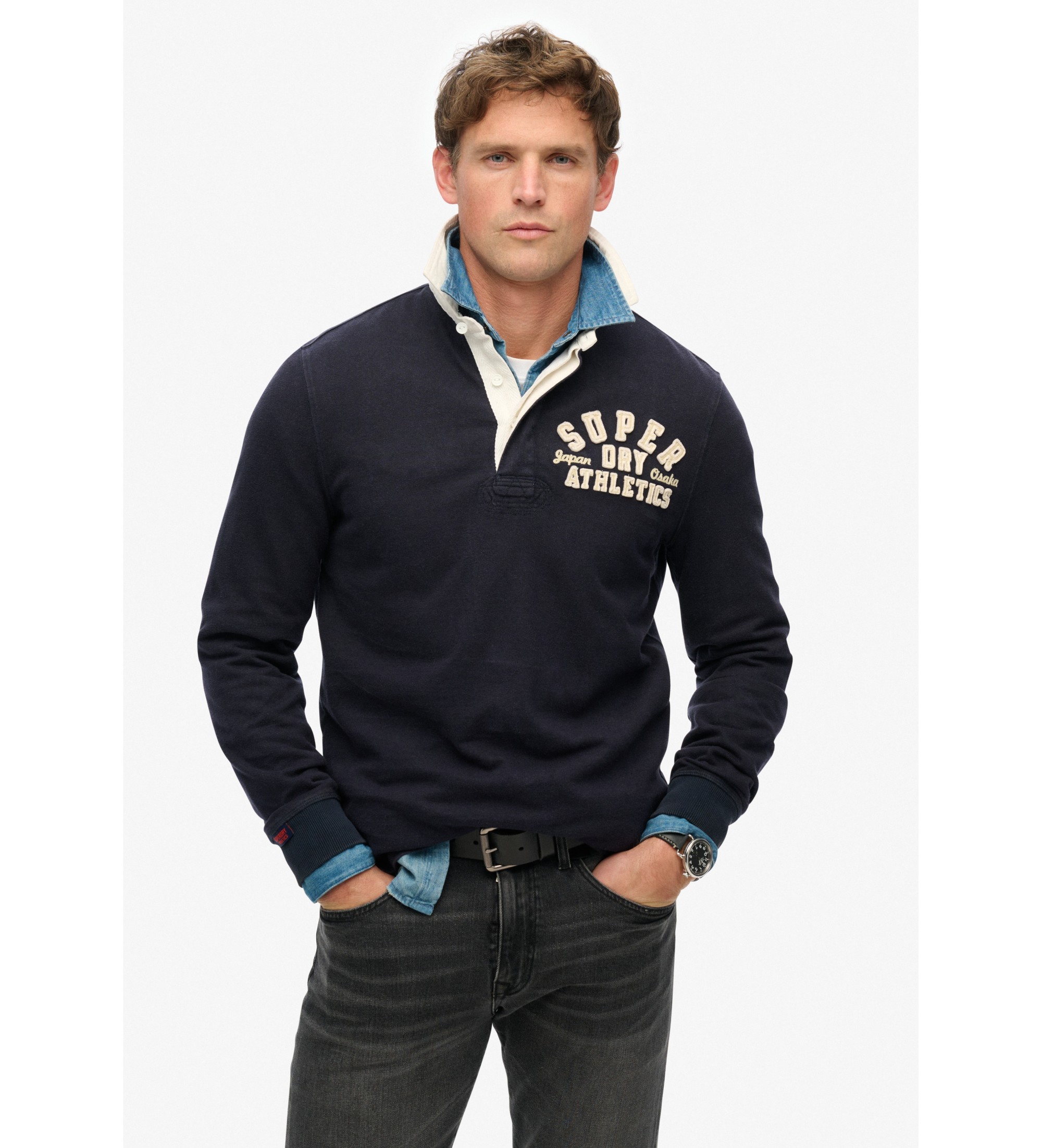 Superdry für Herren. M2014011A Vintage Athletic Poloshirt in Marineblau (S), Lässig, Baumwolle, Langarm
