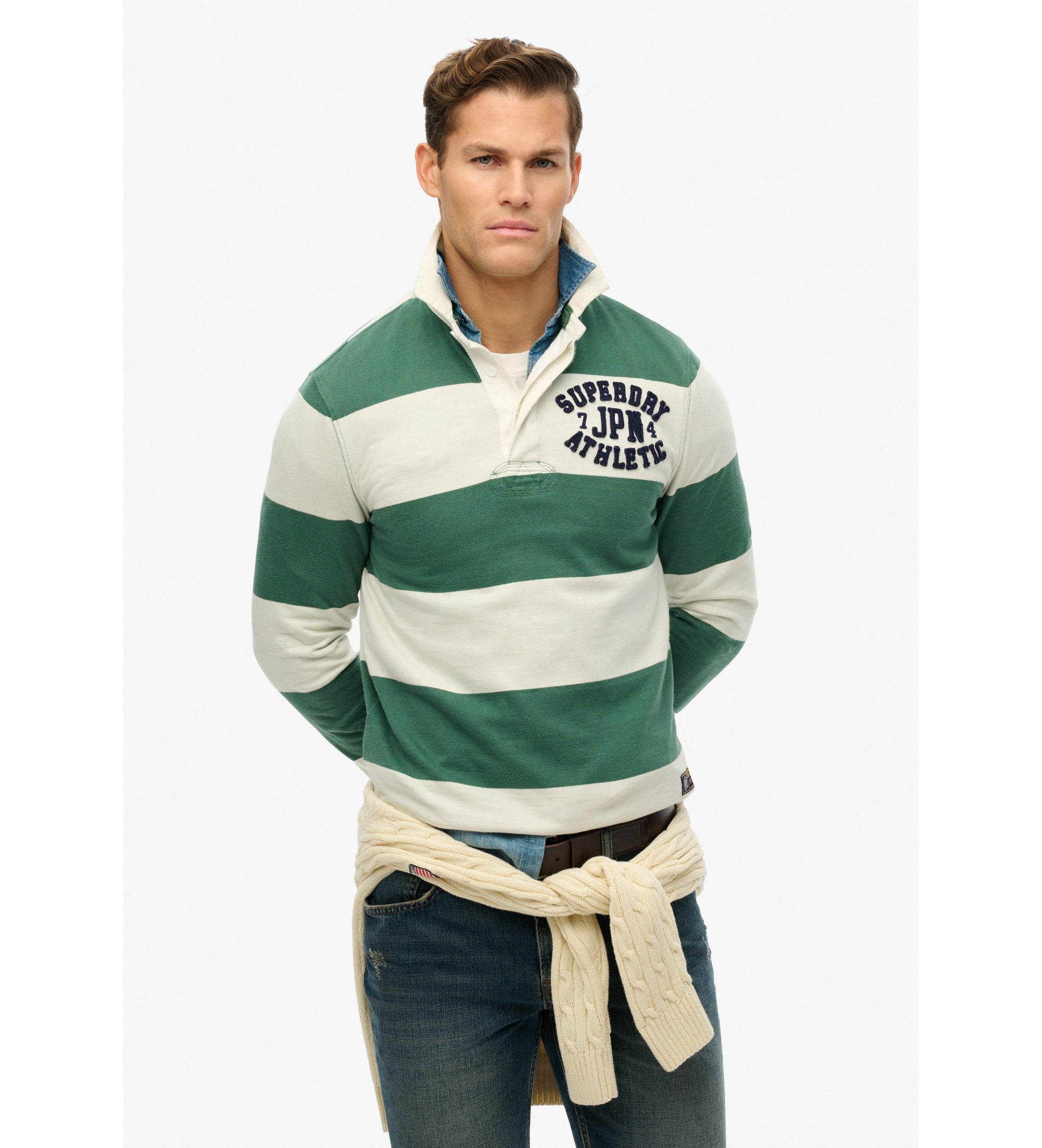Superdry für Herren. M2014011A Vintage Athletic Polo grün, weiß (XL), Lässig, Baumwolle, Langarm