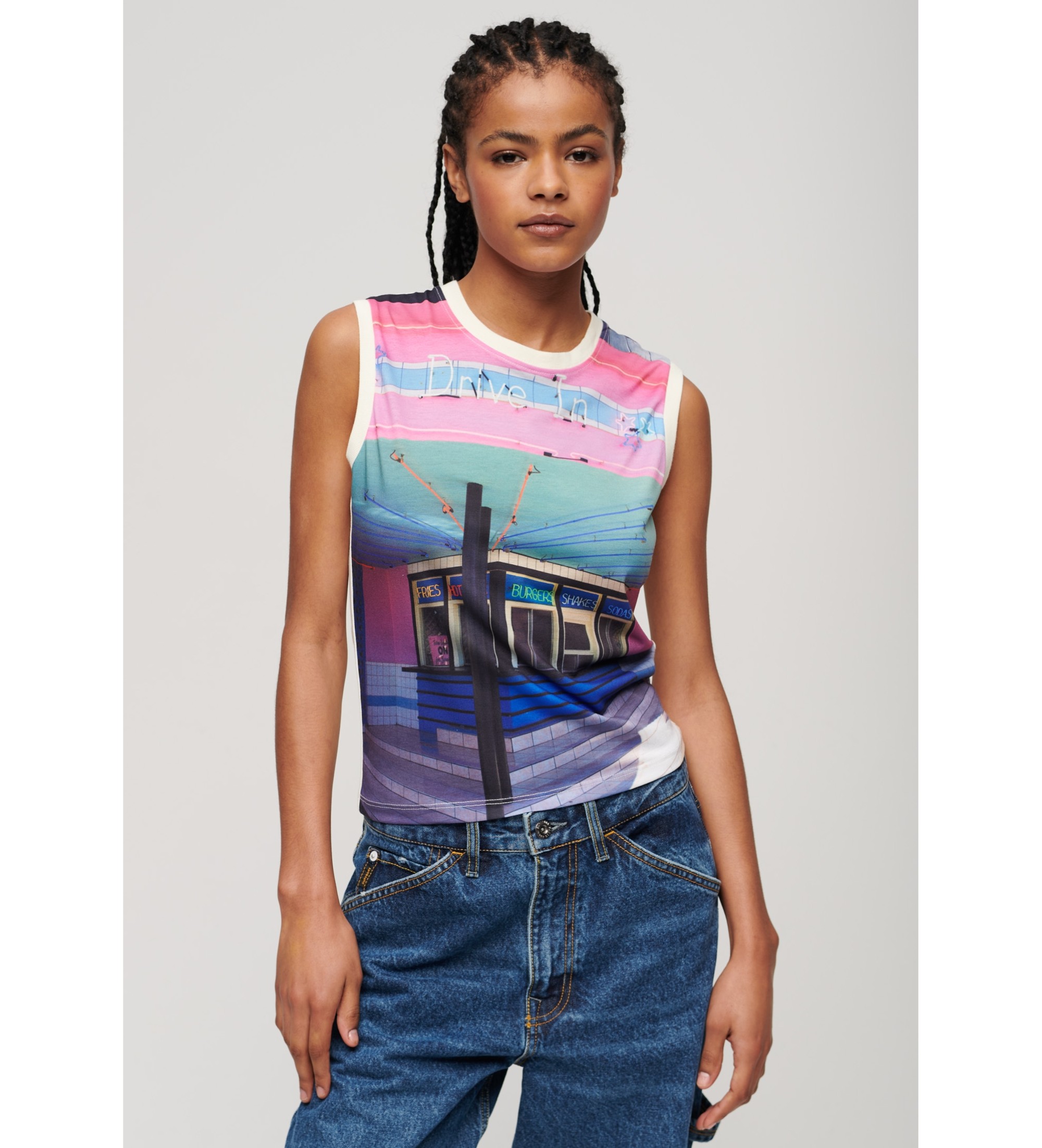 Superdry für Damen. W6011959A Tank-Top mit weißem Unterdruck (XL), Lässig, Baumwolle, Ärmellos / Hosenträger