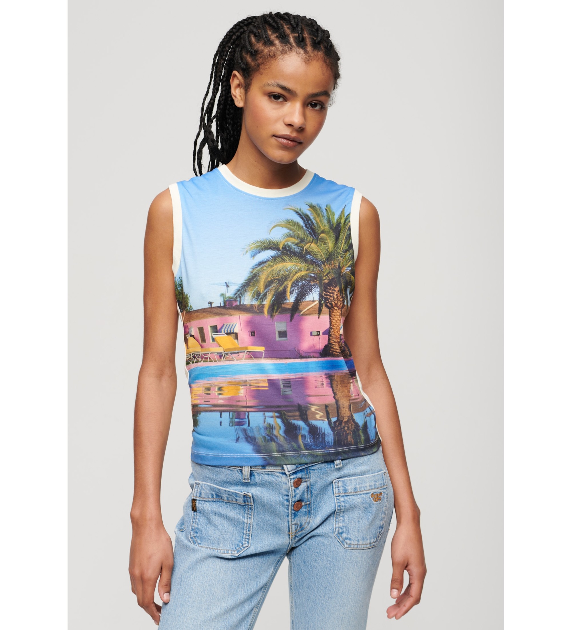 Superdry für Damen. W6011959A Tank-Top mit weißem Unterdruck (XL), Lässig, Baumwolle, Ärmellos / Hosenträger