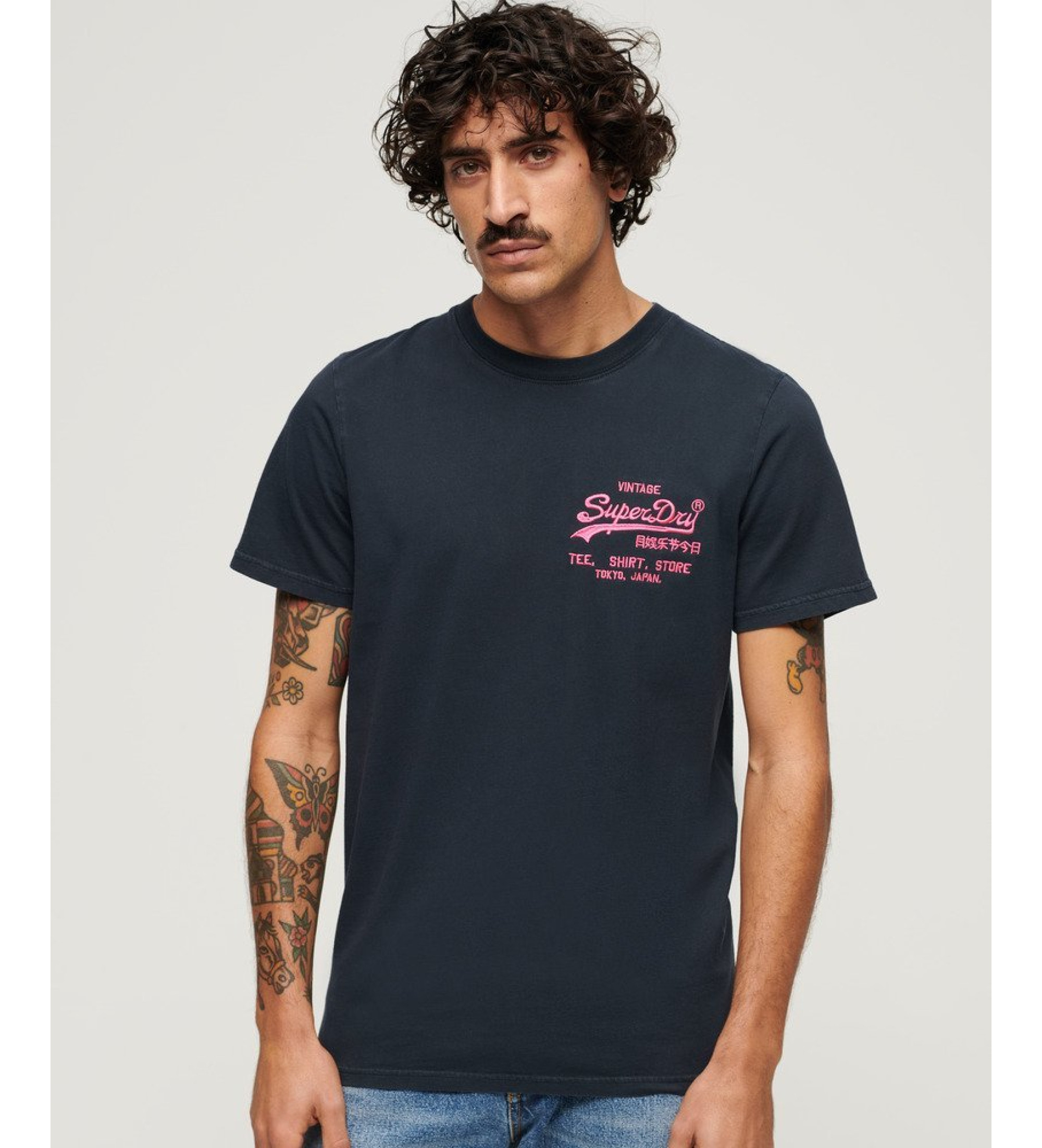 Superdry für Herren. M1011922A Fluor T-shirt mit Logo Vintage navy (S), Lässig, Baumwolle, Kurzarm, Marine